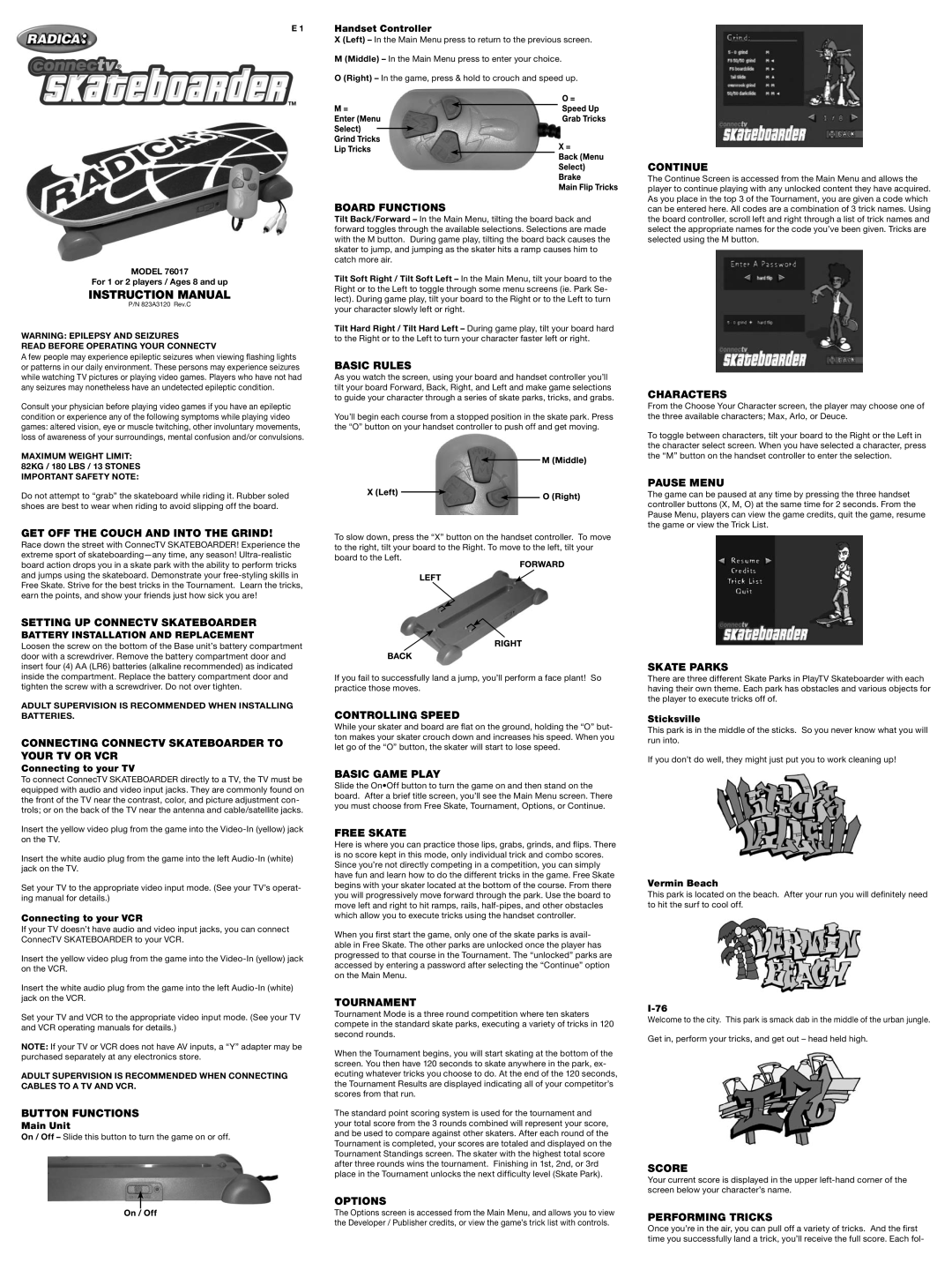 Radica Games 76017 instruction manual Setting UP Connectv Skateboarder, Connecting Connectv Skateboarder to Your TV or VCR 