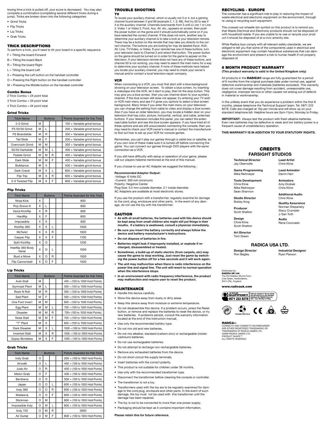 Radica Games 76017 Trick Descriptions, Trouble Shooting, Maintenance, Recycling Europe, Month Product Warranty 