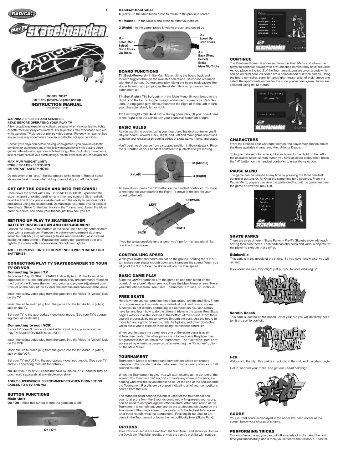 Radica Games 76017 instruction manual Setting UP Play TV Skateboarder, Connecting Play TV Skateboarder to Your TV or VCR 