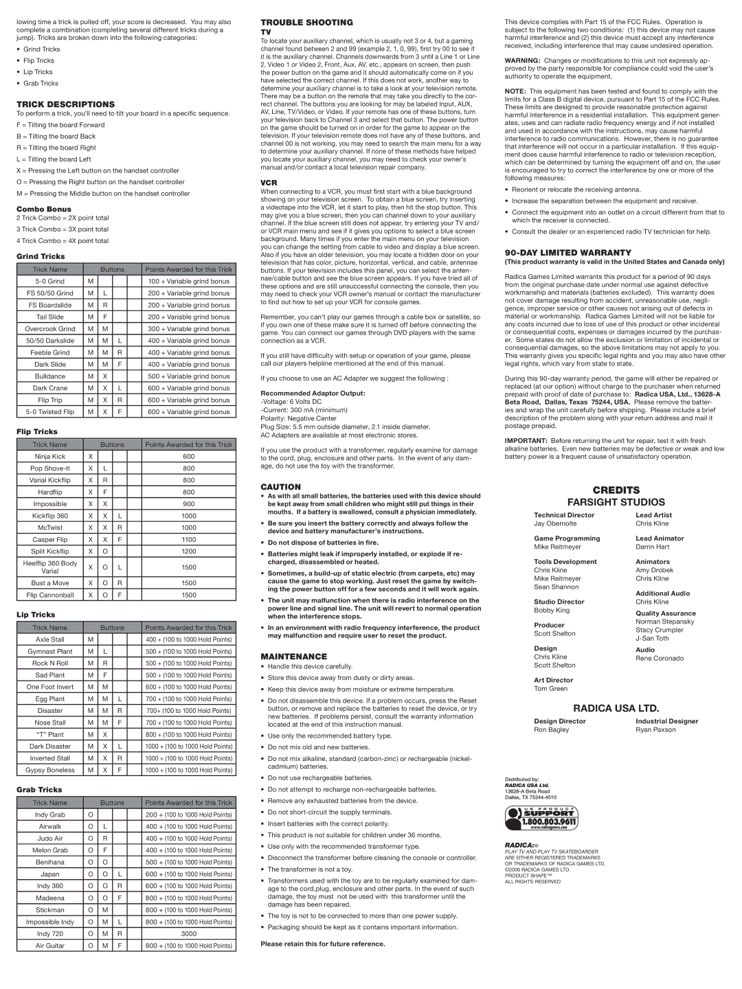 Radica Games 76017 instruction manual Trick Descriptions, Trouble Shooting, Maintenance, DAY Limited Warranty 