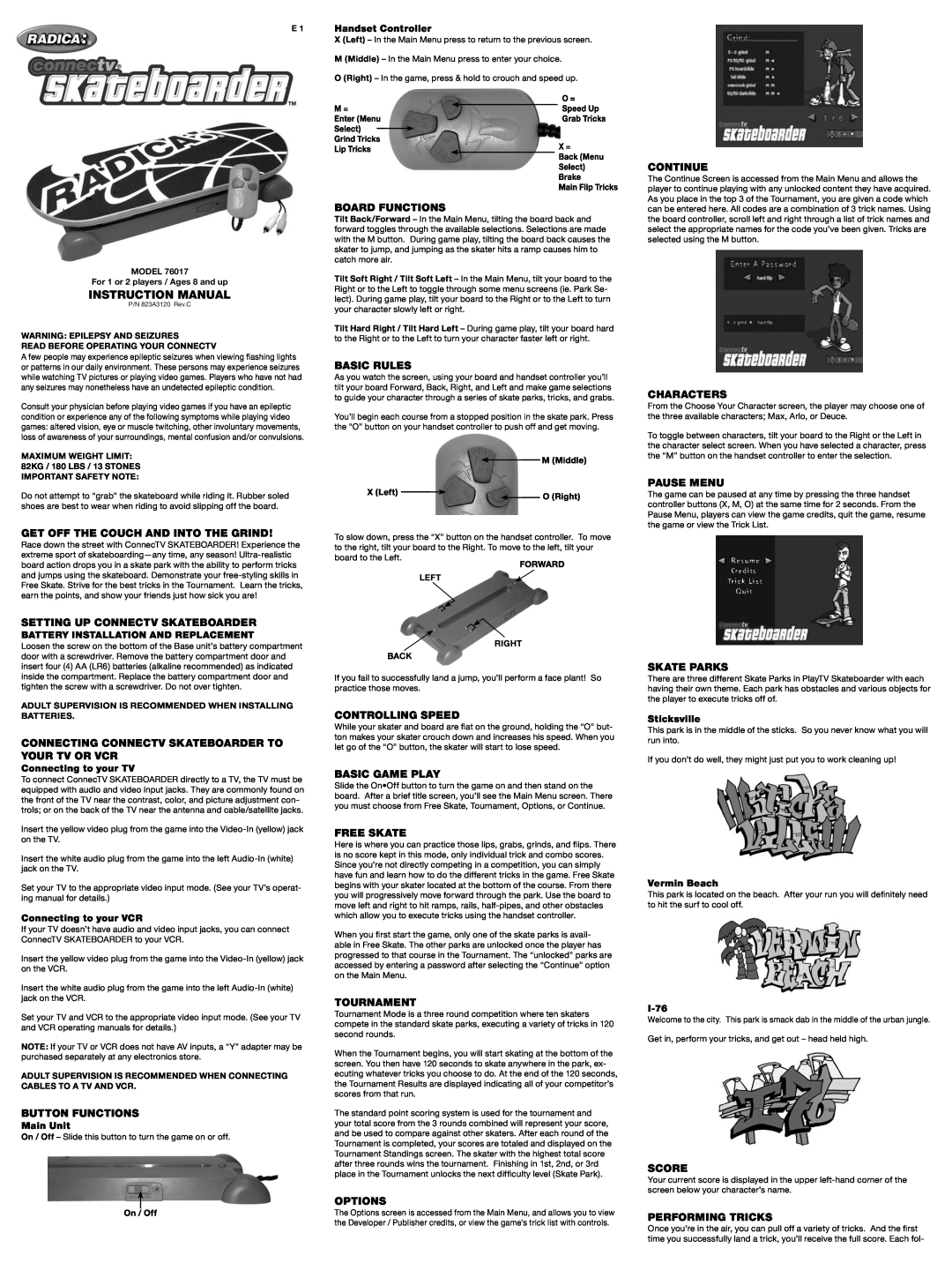 Radica Games 76017 instruction manual Setting UP Play TV Skateboarder, Connecting Play TV Skateboarder to Your TV or VCR 