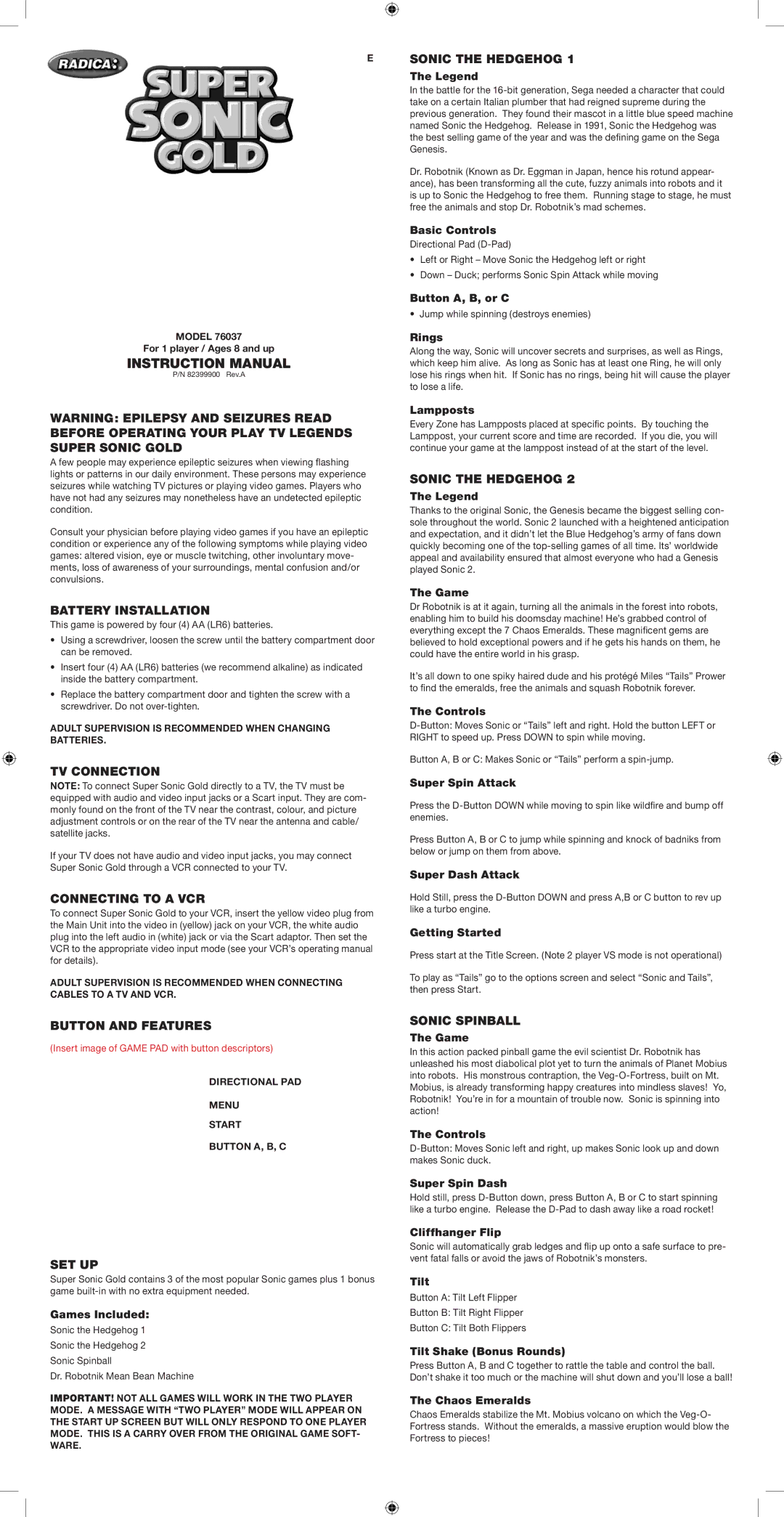 Radica Games 76037 instruction manual Super Sonic Gold, Battery Installation, TV Connection, Connecting to a VCR, Set Up 