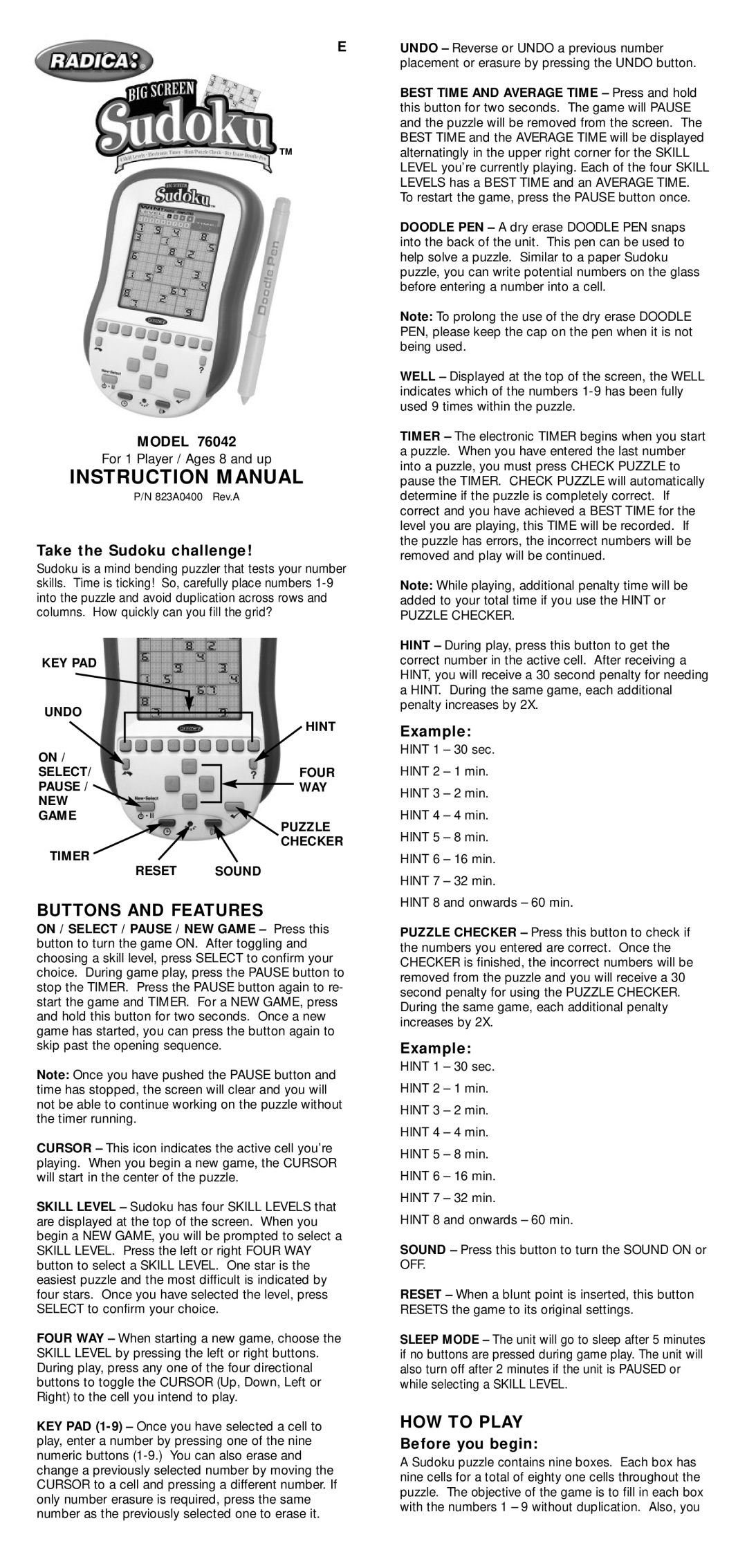 Radica Games 76042 instruction manual Buttons and Features, HOW to Play 