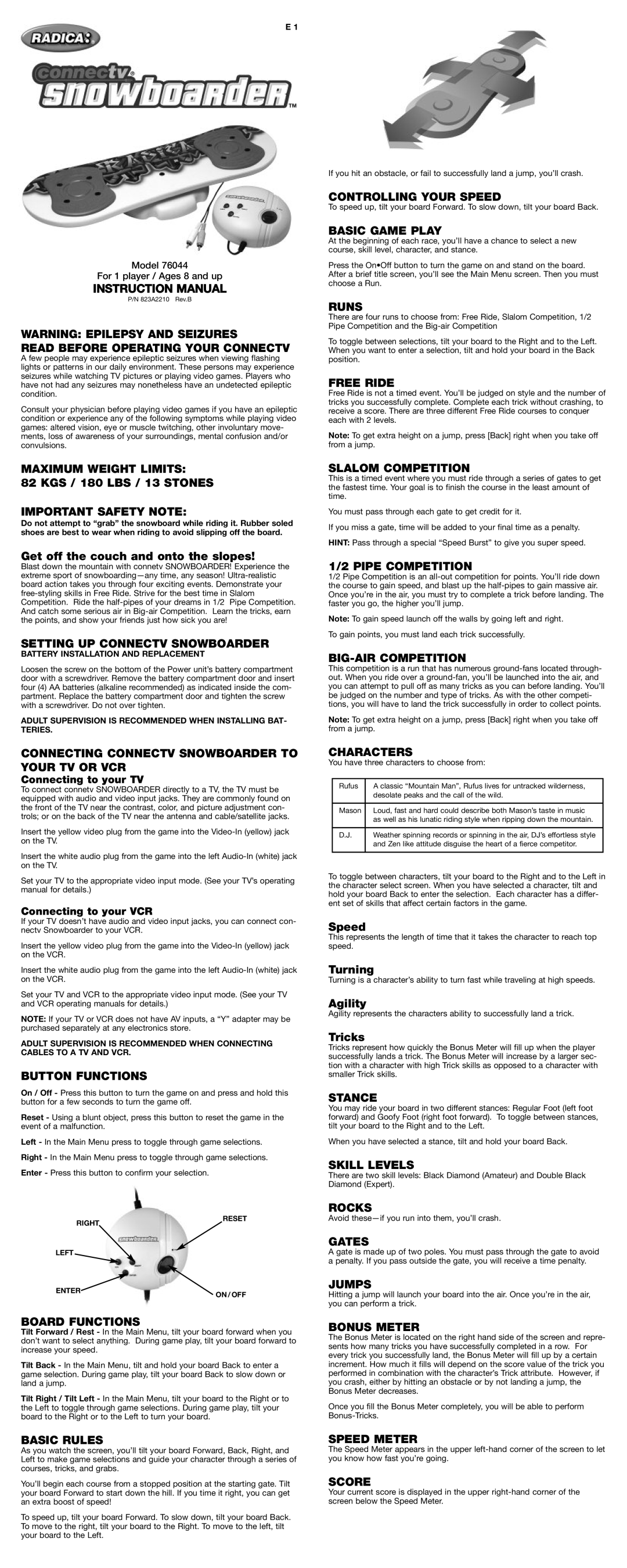 Radica Games 76044 manual Read Before Operating Your Connectv, Maximum Weight Limits, Important Safety Note, Runs, Stance 
