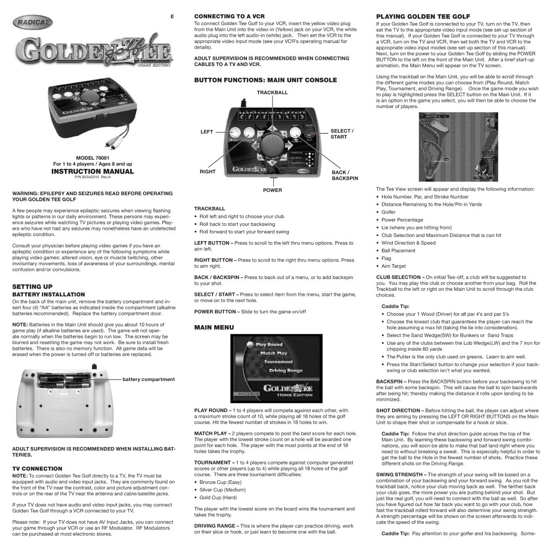 Radica Games 76061 instruction manual Setting UP, Button Functions Main Unit Console, Main Menu, Playing Golden TEE Golf 