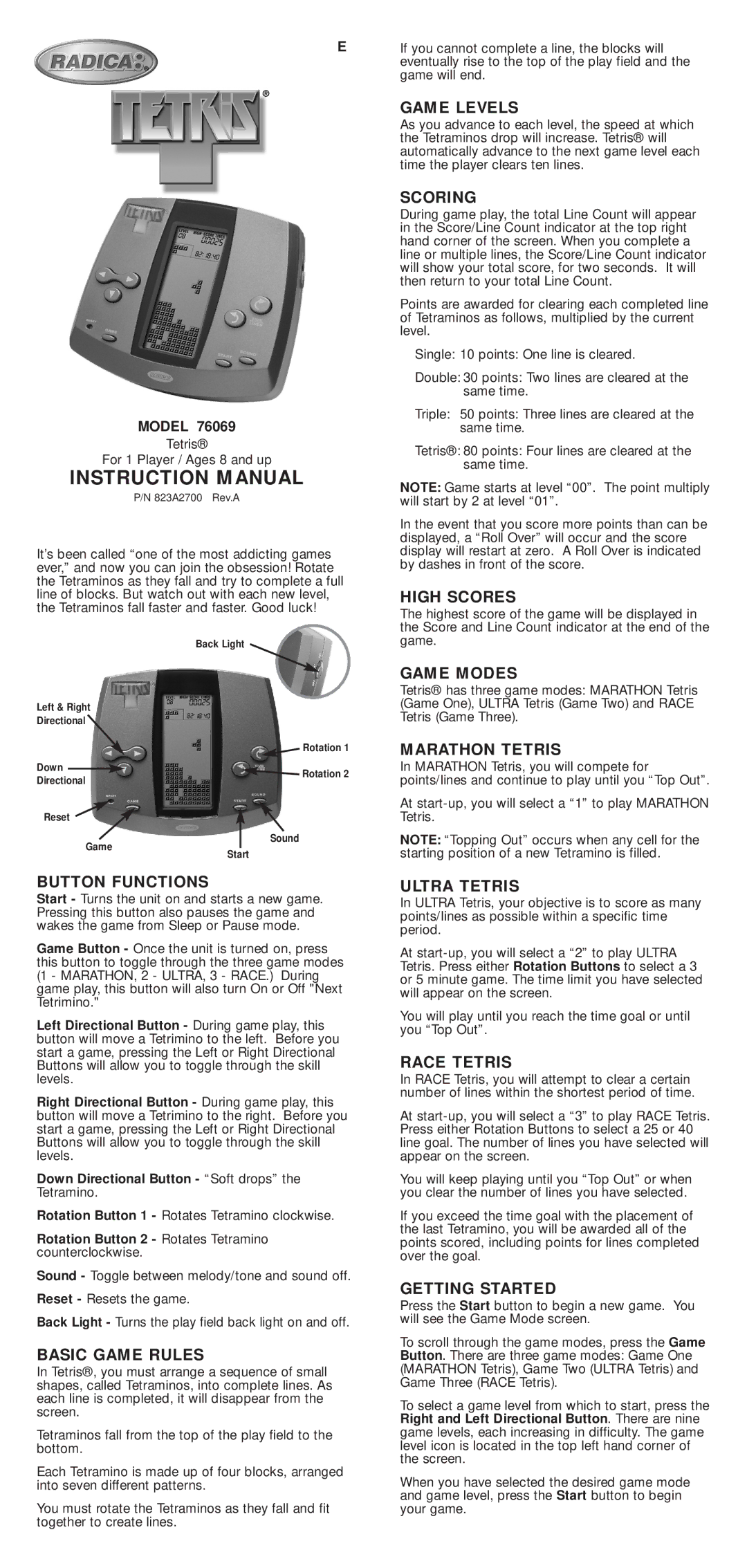 Radica Games 76069 instruction manual Game Levels, Scoring, High Scores, Game Modes, Marathon Tetris, Button Functions 