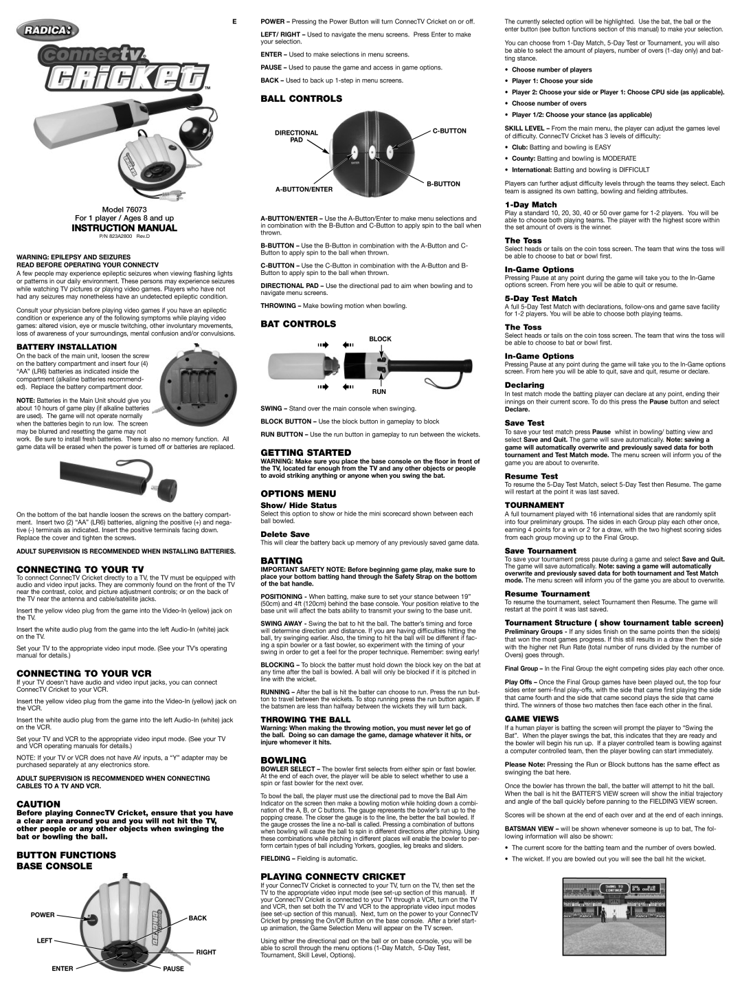 Radica Games 76073 manual Connecting to Your TV, Connecting to Your VCR, Button Functions Base Console, Ball Controls 