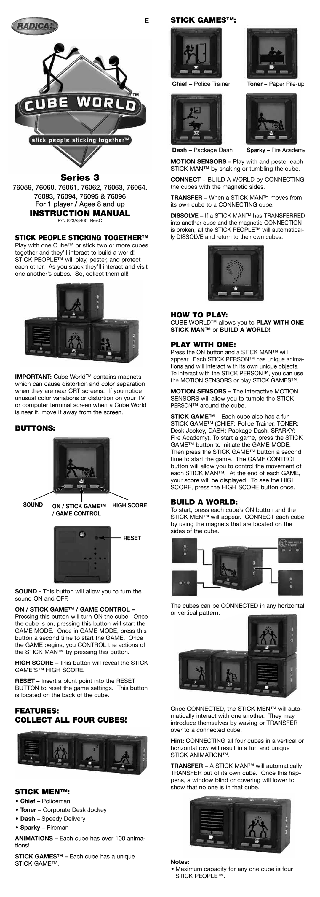 Radica Games 76059 instruction manual Stick Games, Stick People Sticking Together, Buttons, HOW to Play, Play with ONE 