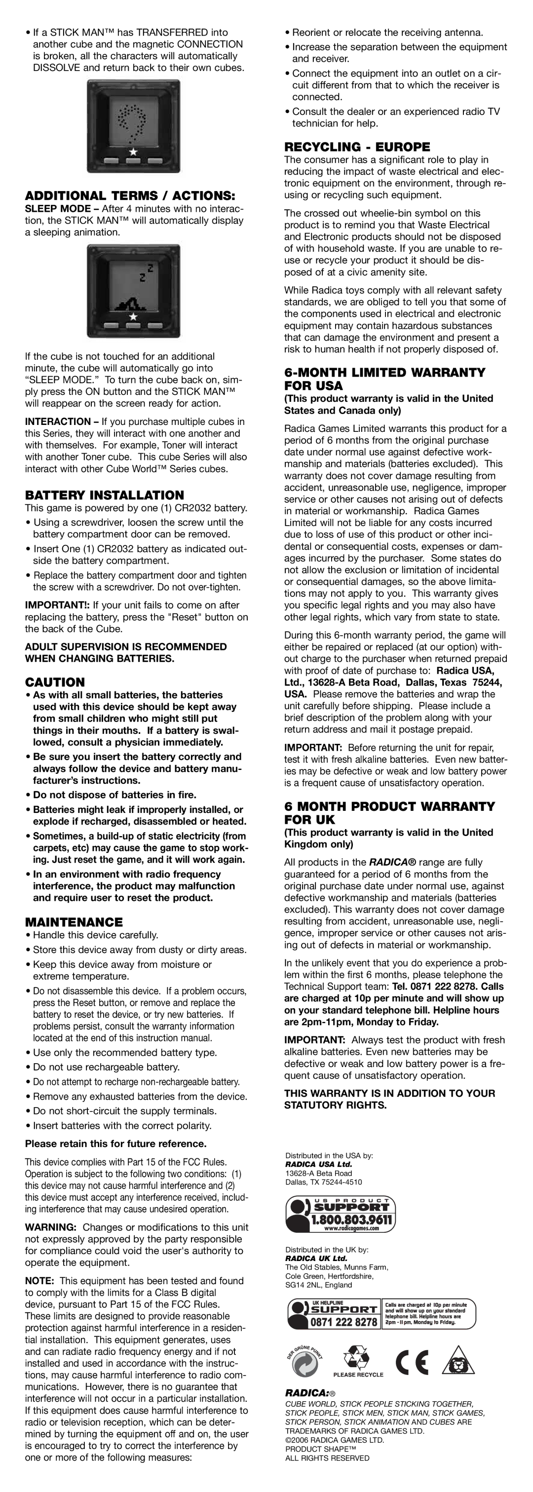 Radica Games 76060, 76095, 76059, 76093 Additional Terms / Actions, Battery Installation, Maintenance, Recycling Europe 