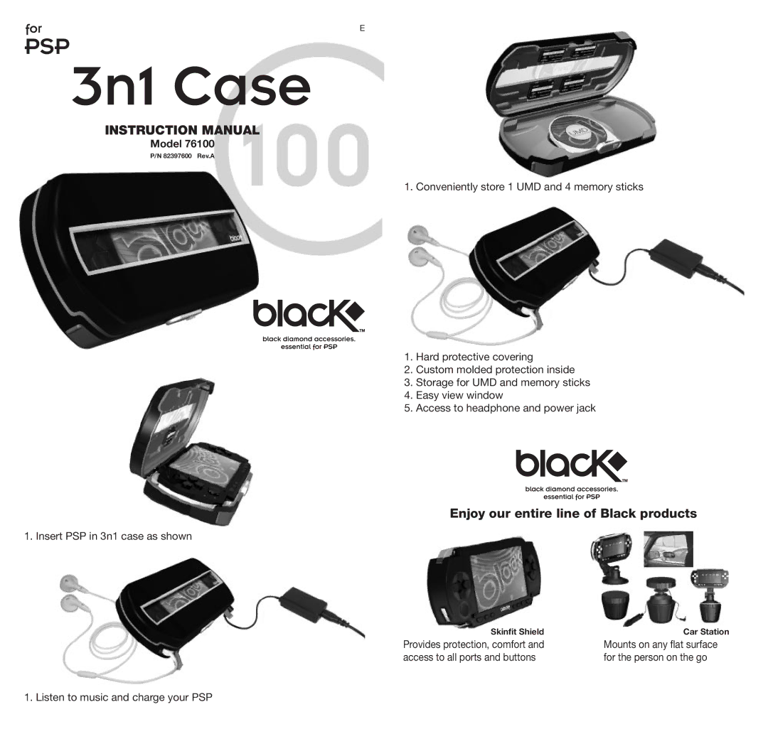 Radica Games 76100 instruction manual 3n1 Case, Skinfit Shield 