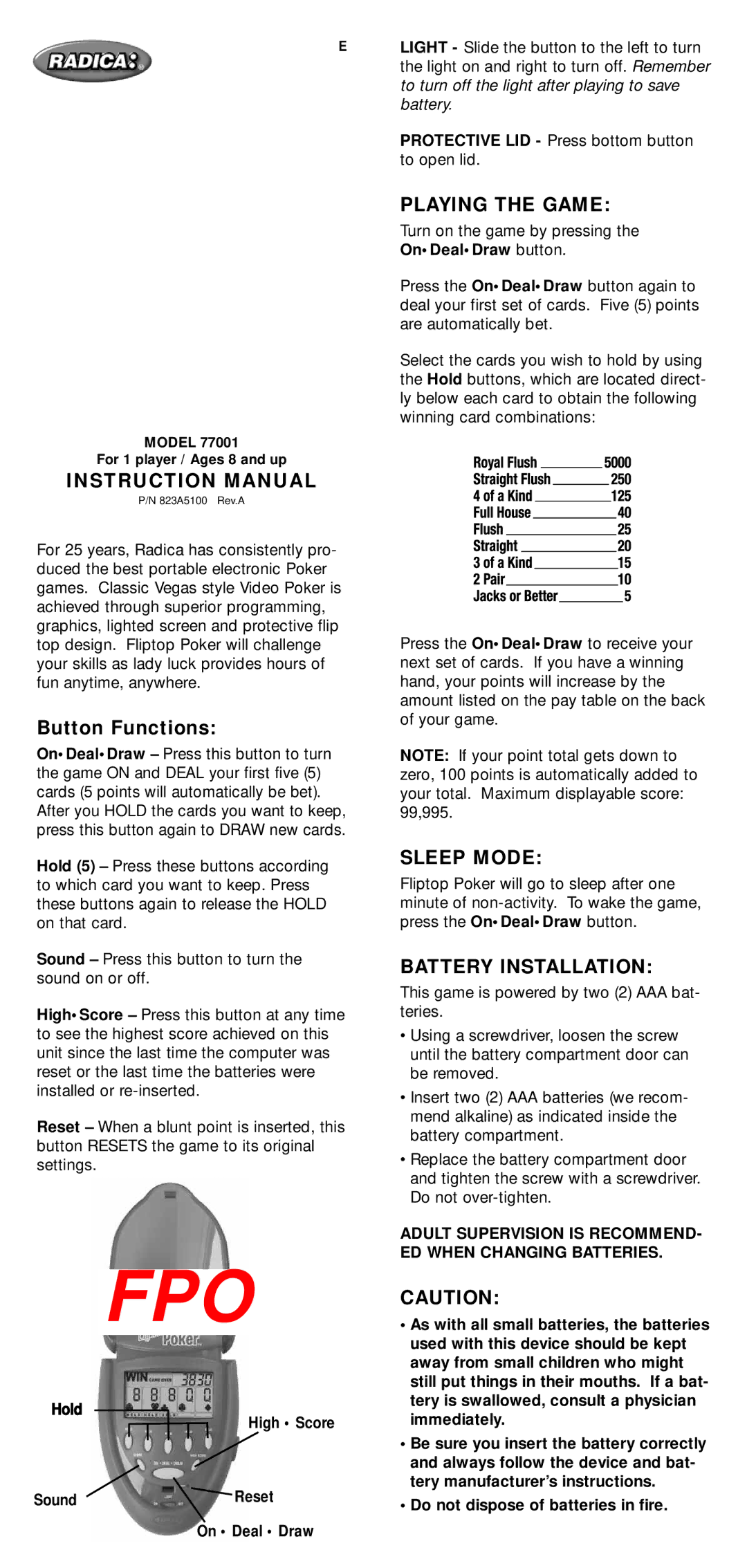 Radica Games 77001 instruction manual Playing the Game, Sleep Mode, Battery Installation, Hold, Sound 