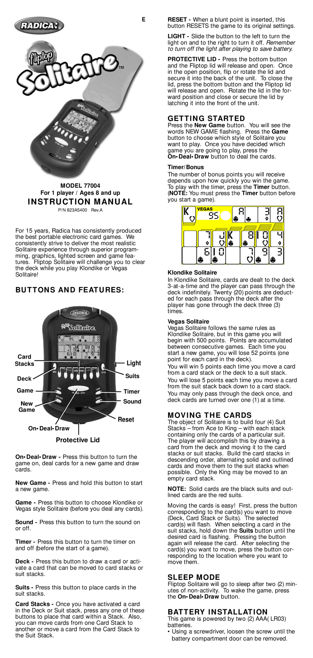 Radica Games 77004 instruction manual Buttons and Features, Getting Started, Moving the Cards, Sleep Mode 