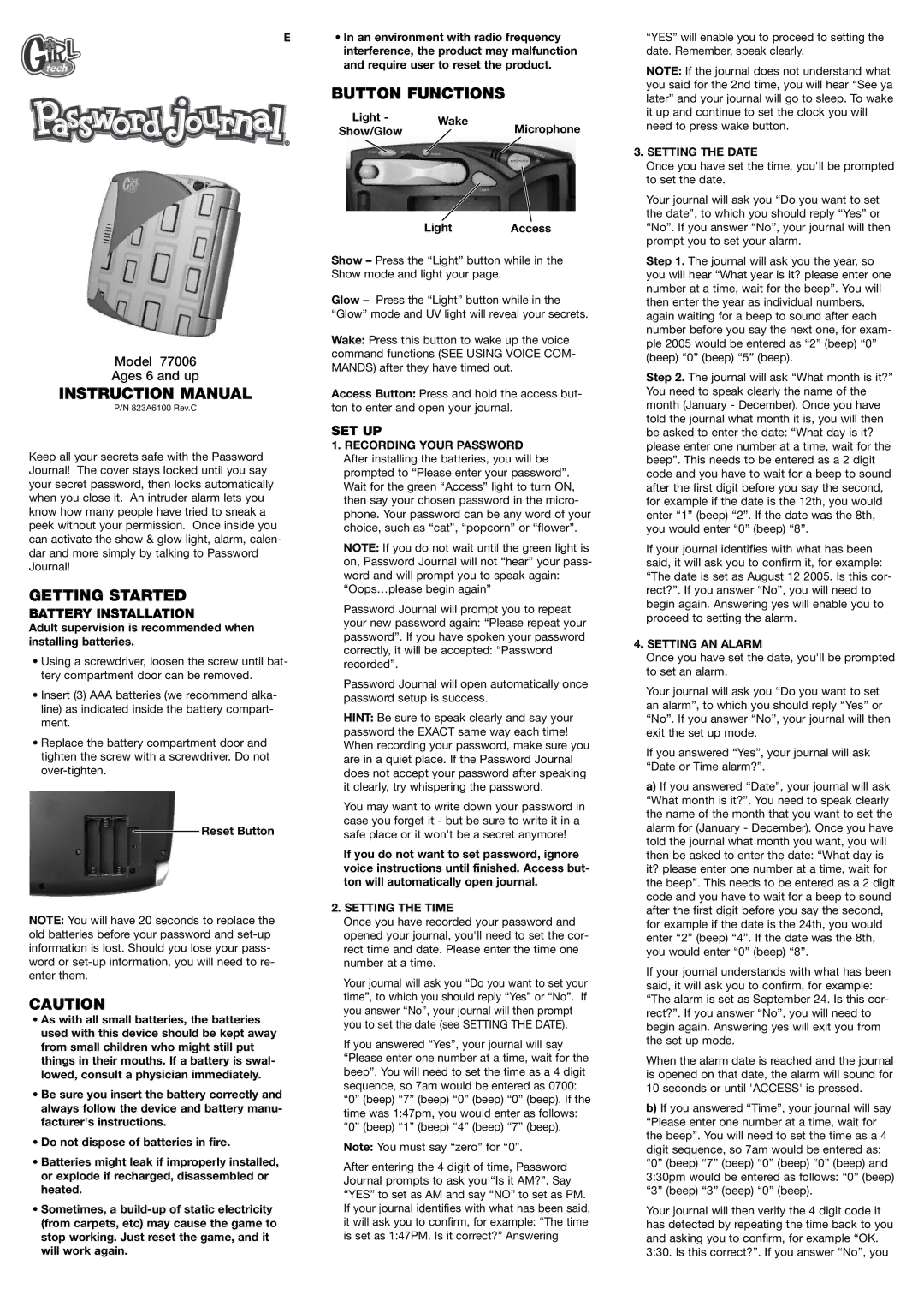 Radica Games 77006 instruction manual Getting Started, Button Functions, Battery Installation, Set Up 