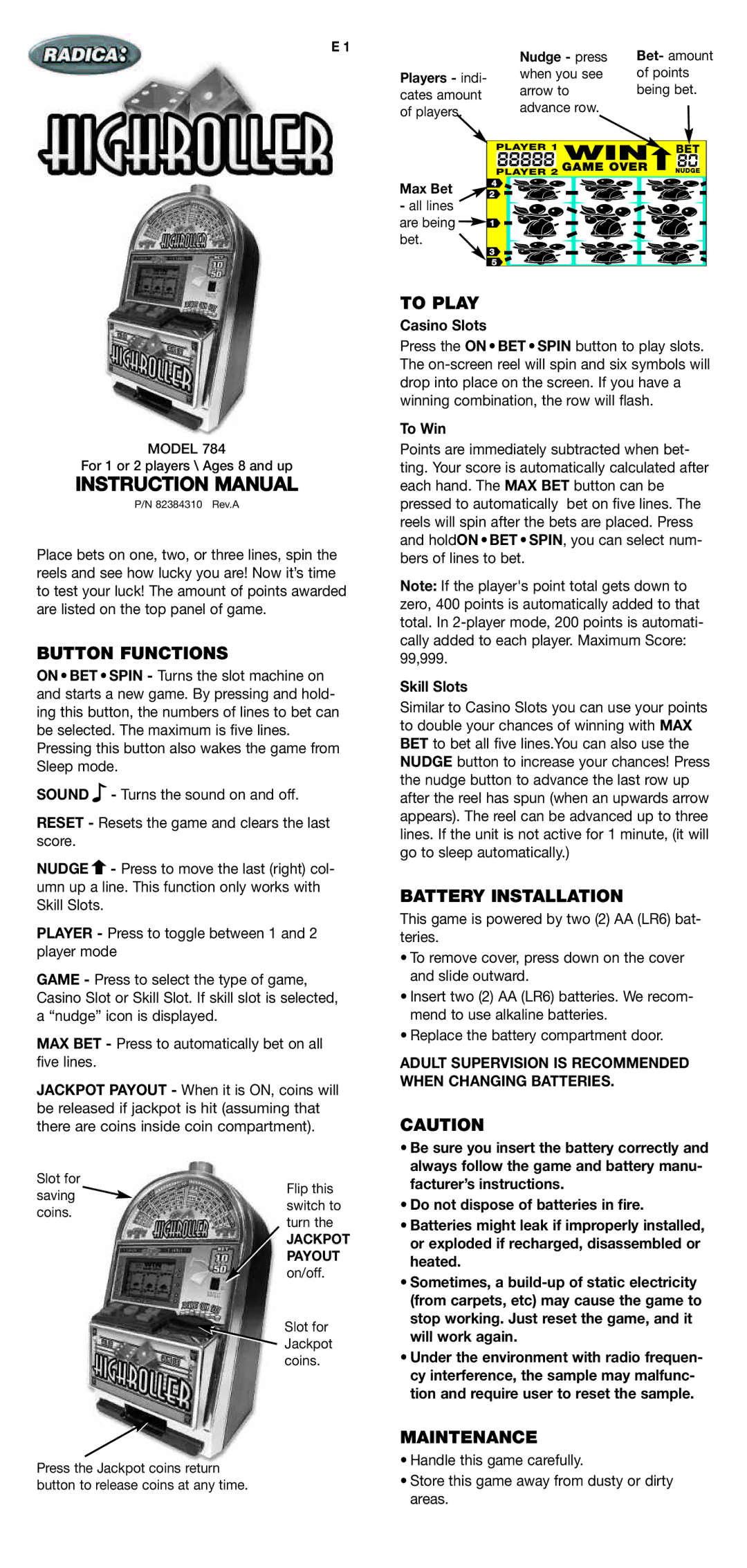 Radica Games 784 manual Button Functions, To Play, Battery Installation, Maintenance 