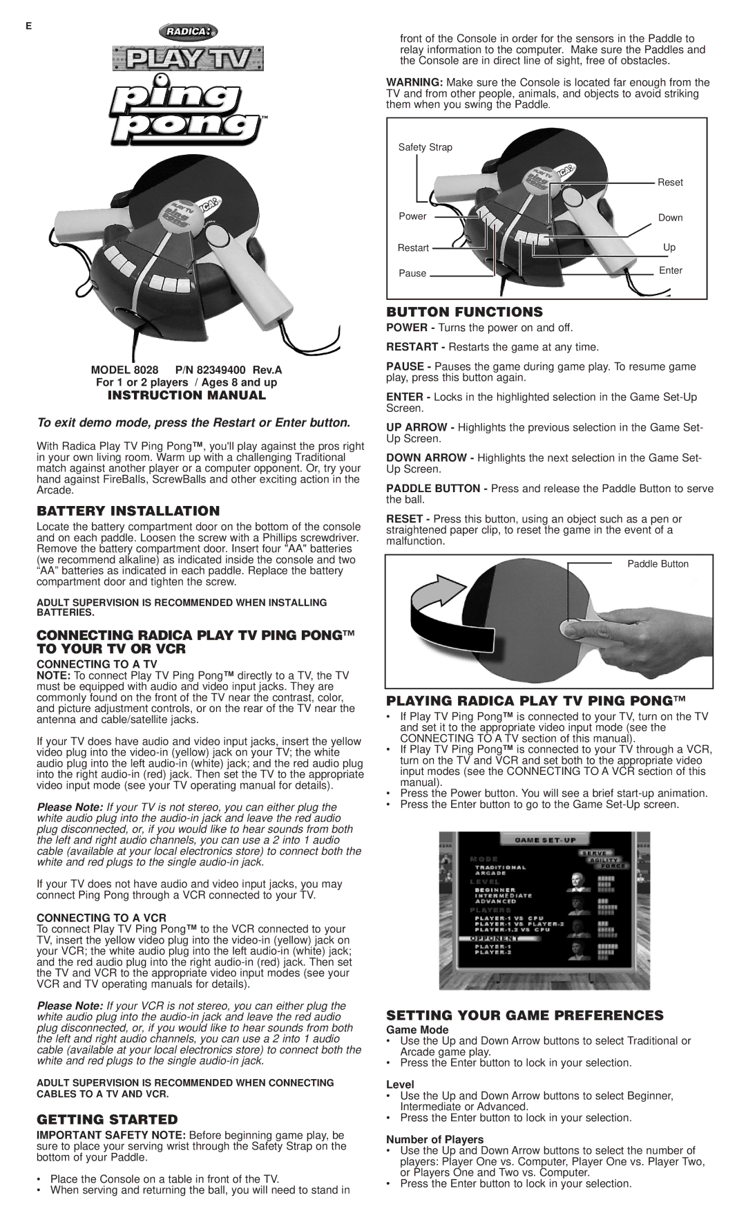 Radica Games 8028 instruction manual Battery Installation, Connecting Radica Play TV Ping Pong to Your TV or VCR 