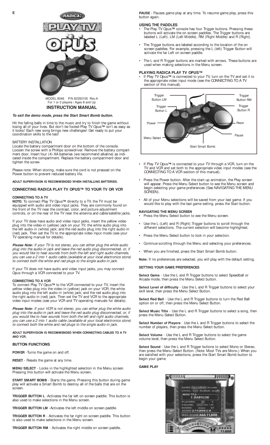 Radica Games 8046 instruction manual Button Functions, Using the Paddles, Playing Radica Play TV Opus 