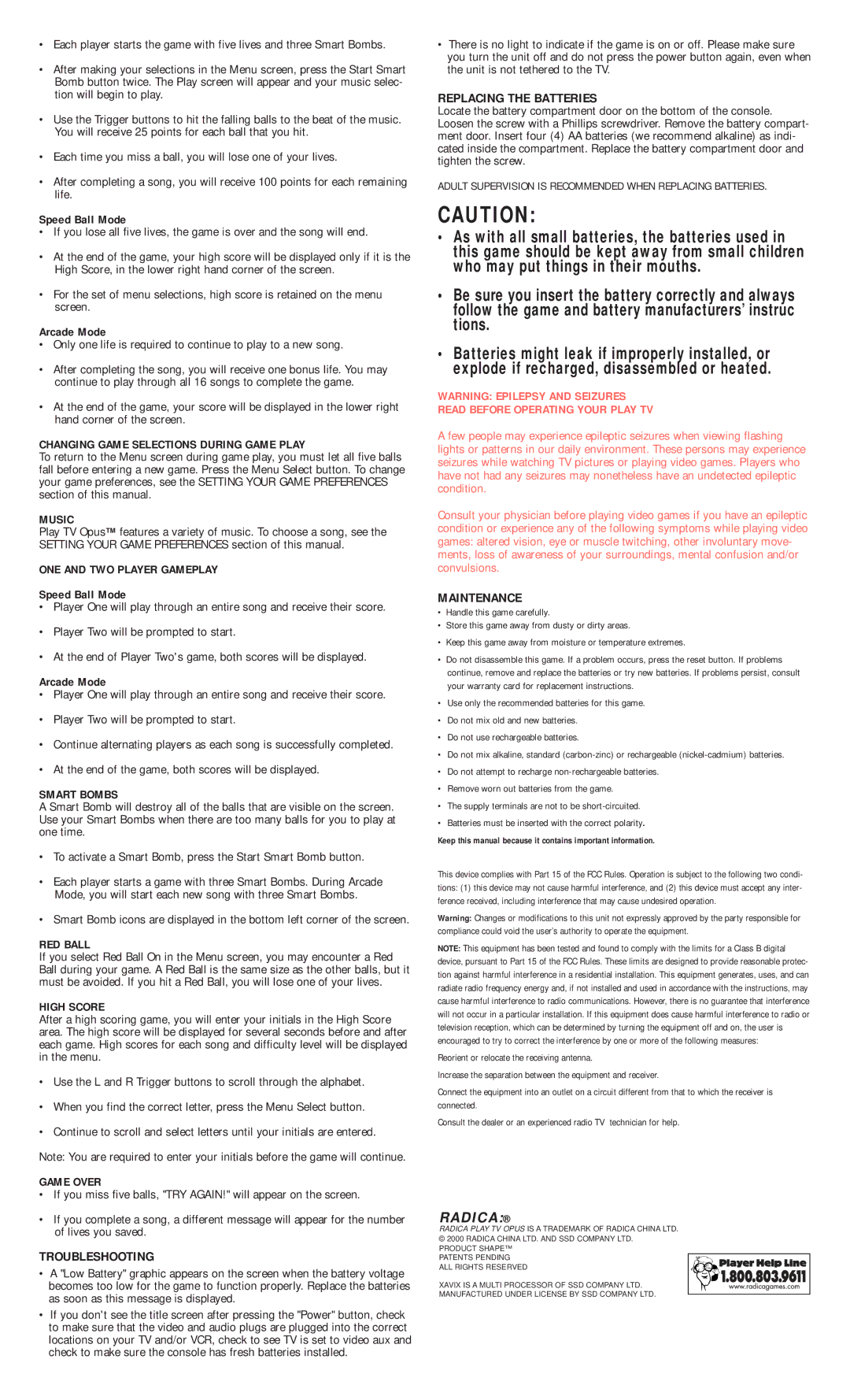 Radica Games 8046 instruction manual Troubleshooting, Replacing the Batteries, Maintenance 