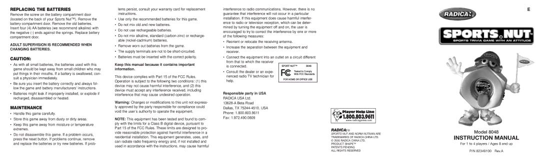 Radica Games 8048 instruction manual Replacing the Batteries, Maintenance 