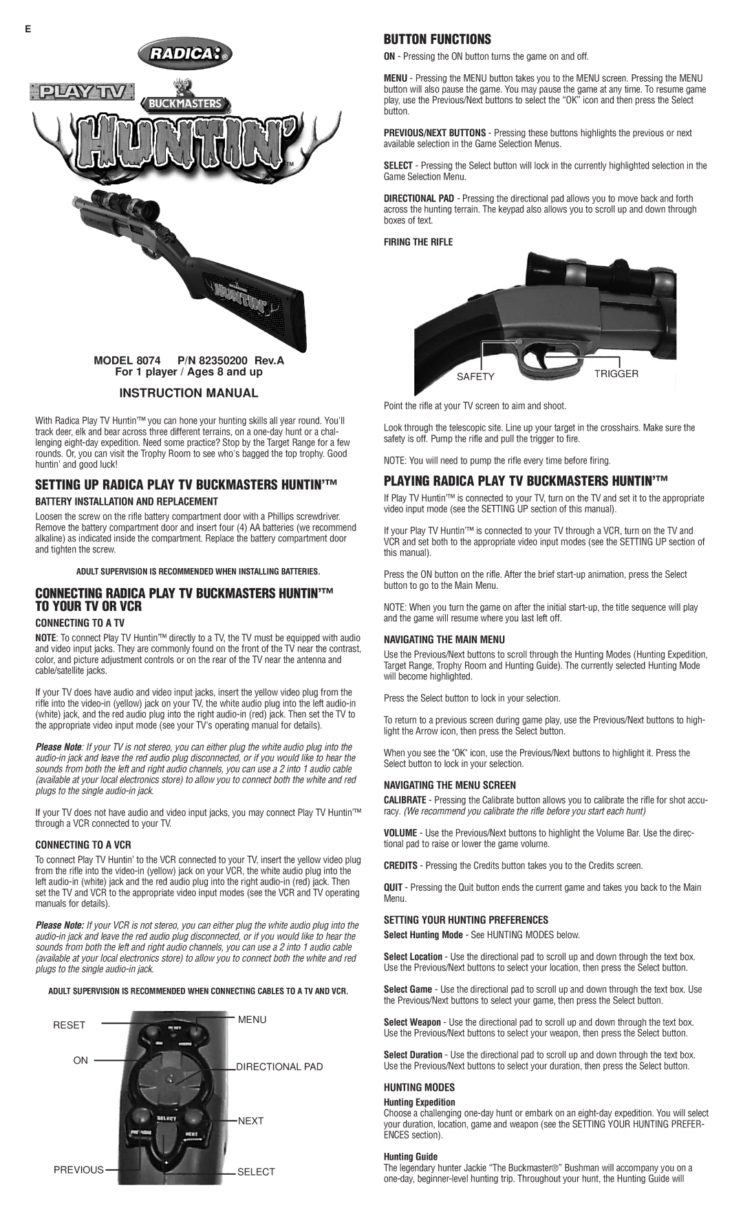 Radica Games 8074 instruction manual Setting UP Radica Play TV Buckmasters HUNTIN’ 