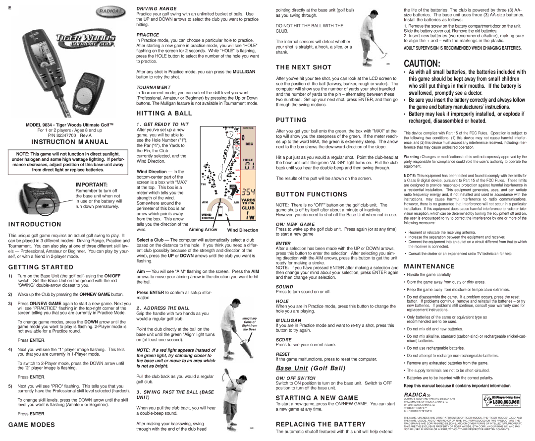 Radica Games 9834 instruction manual Introduction, Getting Started, Hitting a Ball, Next Shot, Putting, Button Functions 