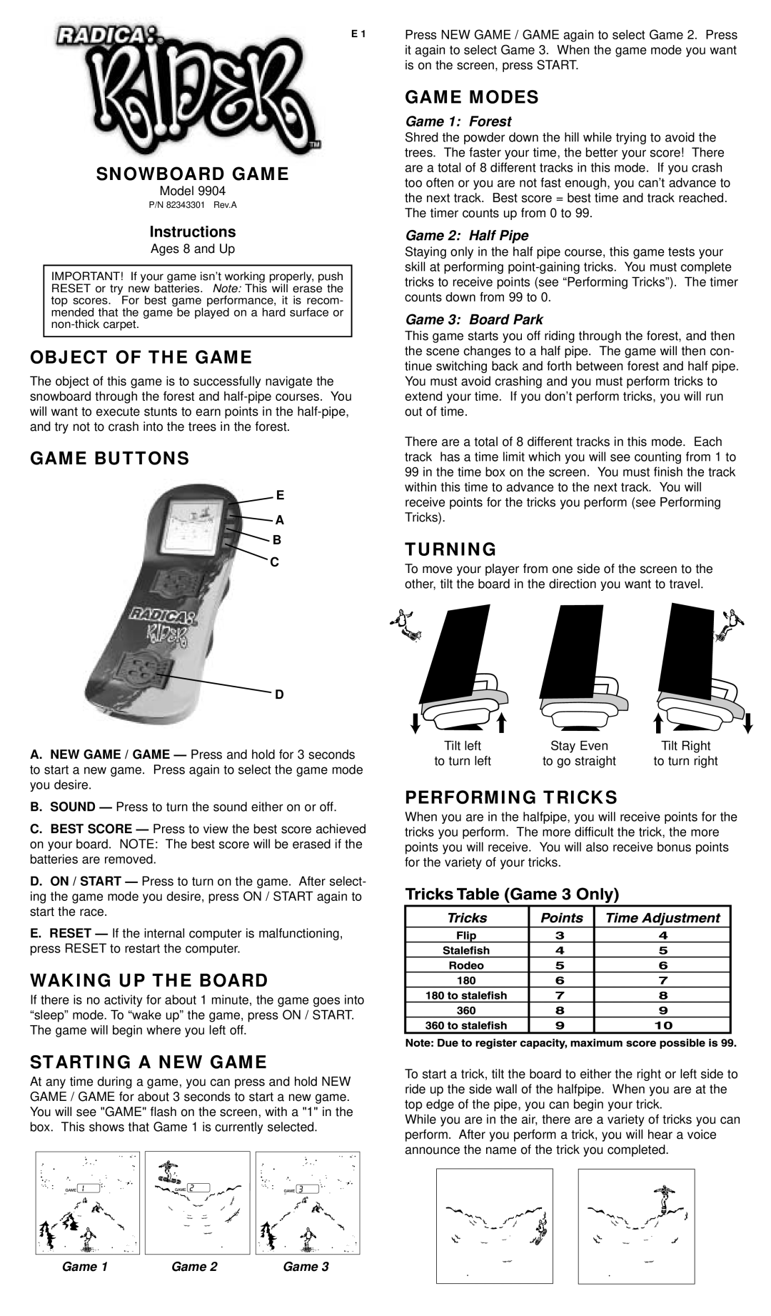 Radica Games 9904 manual Snowboard Game, Object of the Game, Game Buttons, Waking UP the Board, Starting a NEW Game 