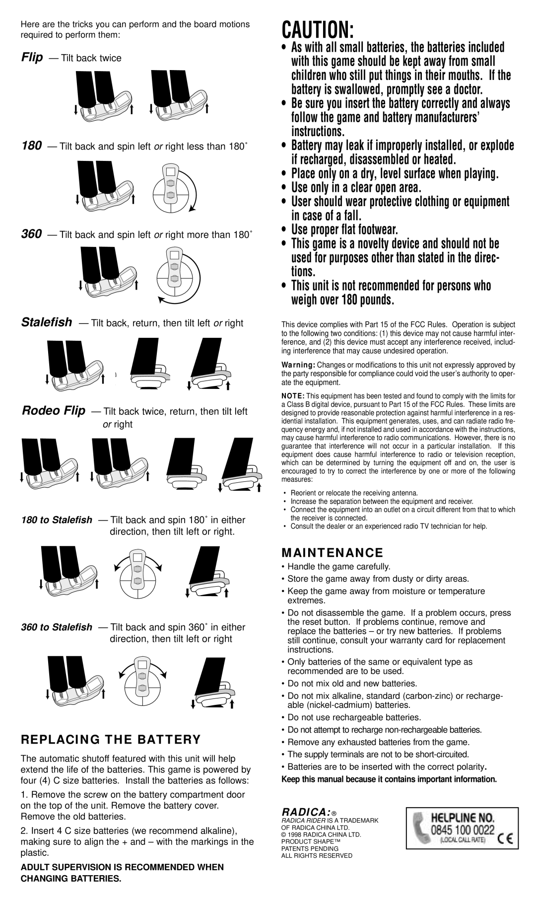 Radica Games 9904 manual Replacing the Battery, Maintenance 