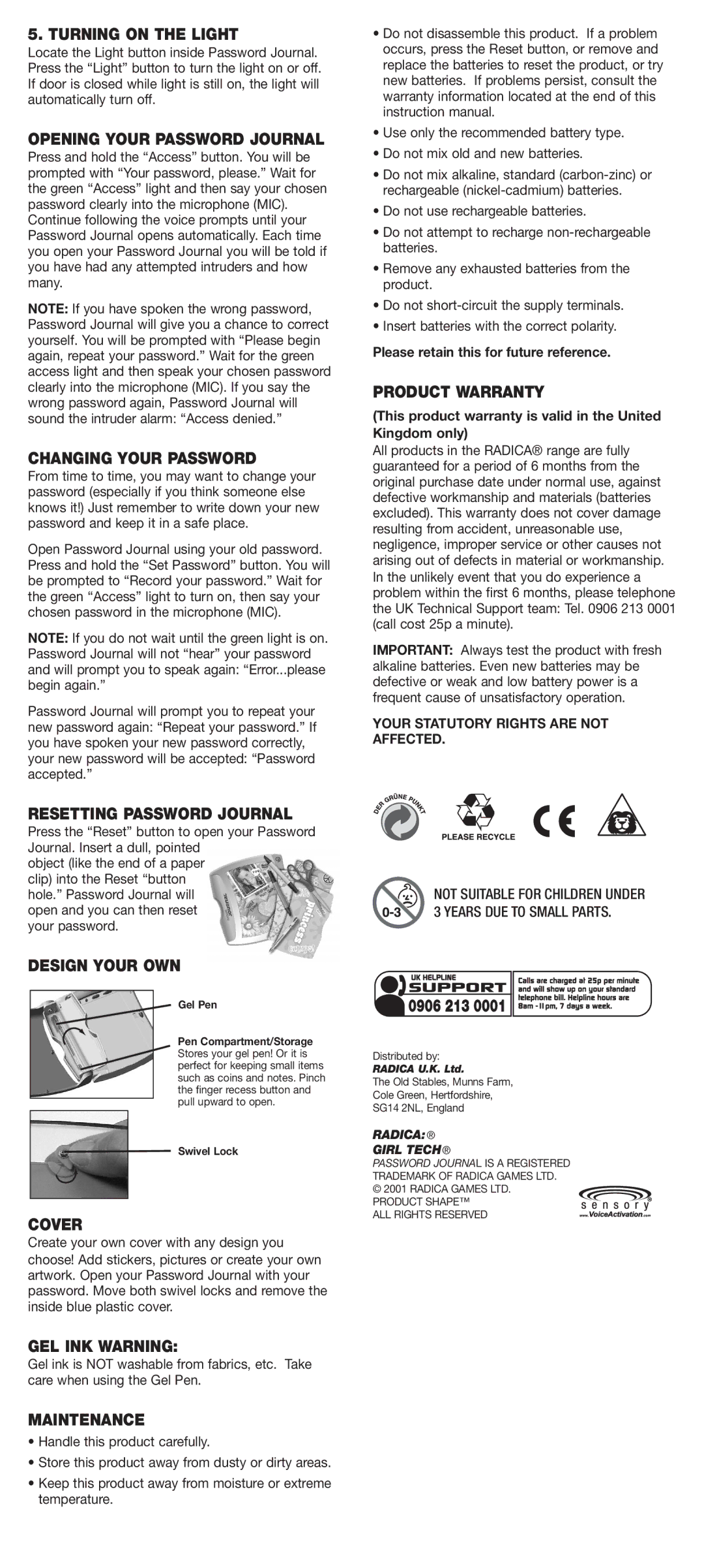 Radica Games G73007 Turning on the Light, Opening Your Password Journal, Changing Your Password, Product Warranty, Cover 