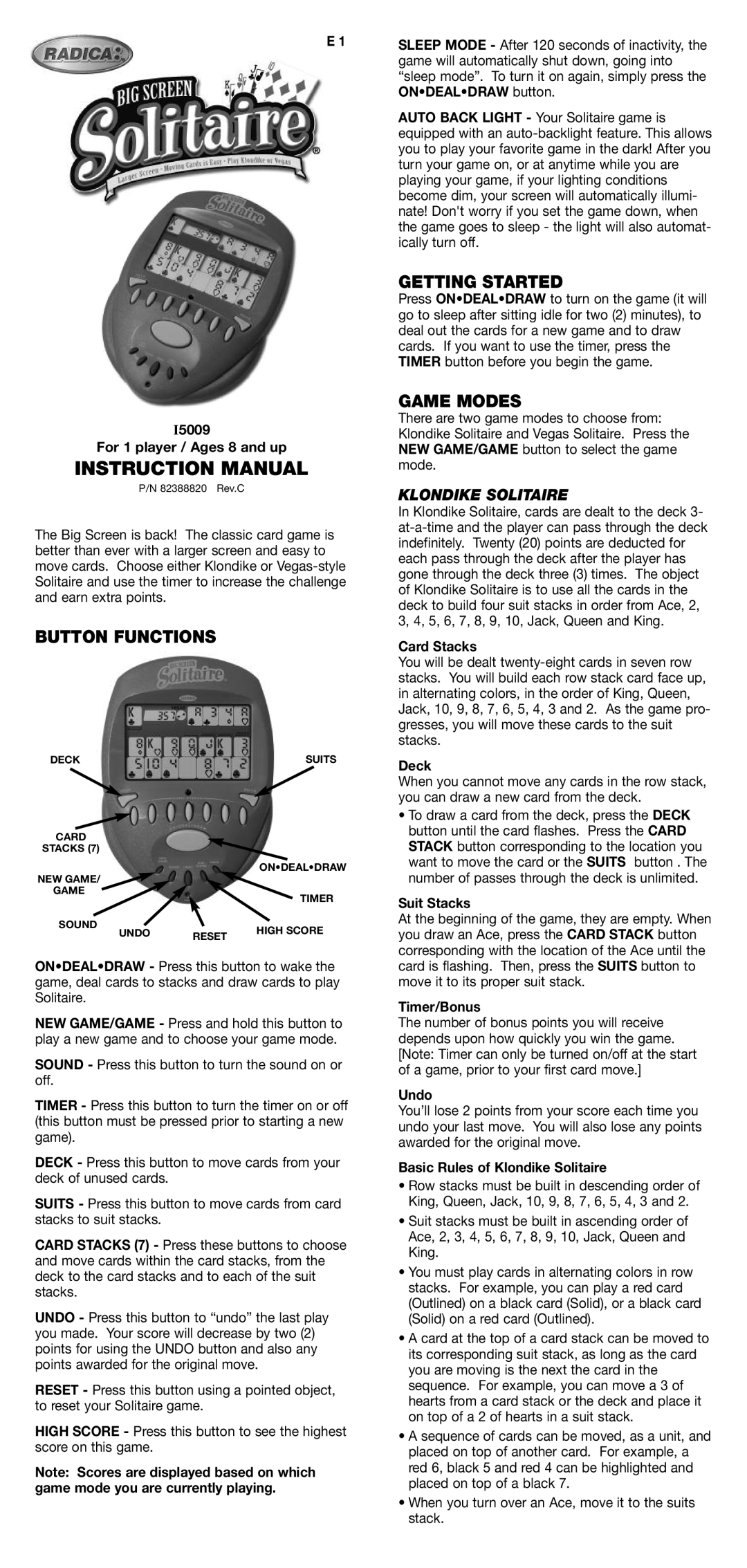 Radica Games I5009 instruction manual Button Functions, Getting Started, Game Modes, Klondike Solitaire 