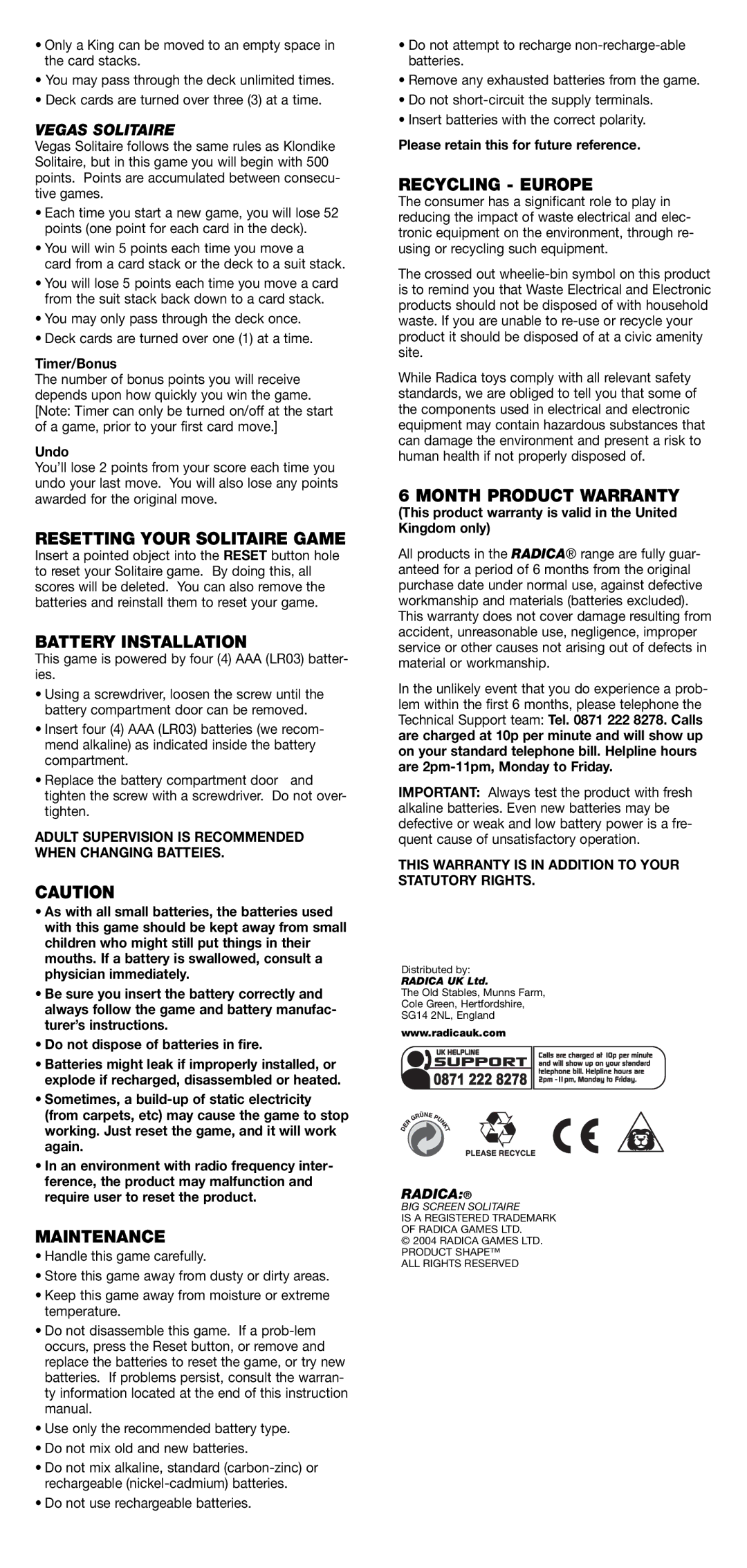 Radica Games I5009 instruction manual Resetting Your Solitaire Game, Battery Installation, Maintenance, Recycling Europe 