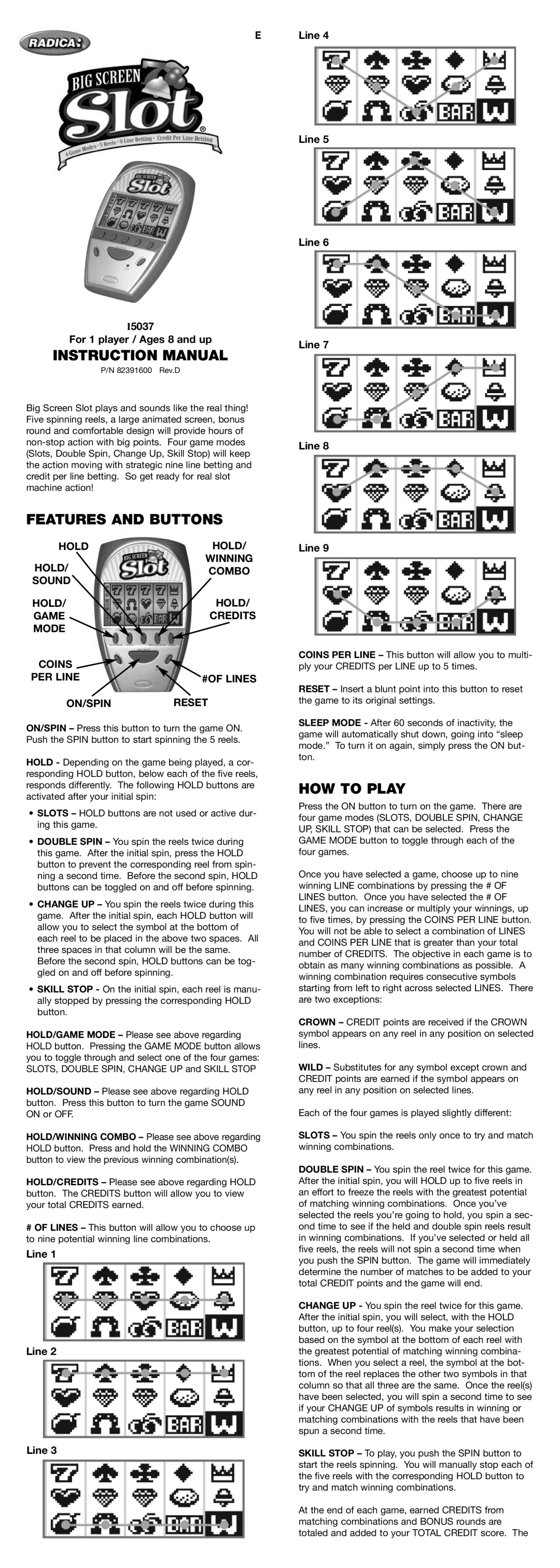 Radica Games i5037 instruction manual Features and Buttons, HOW to Play, I5037 For 1 player / Ages 8 and up, Line 