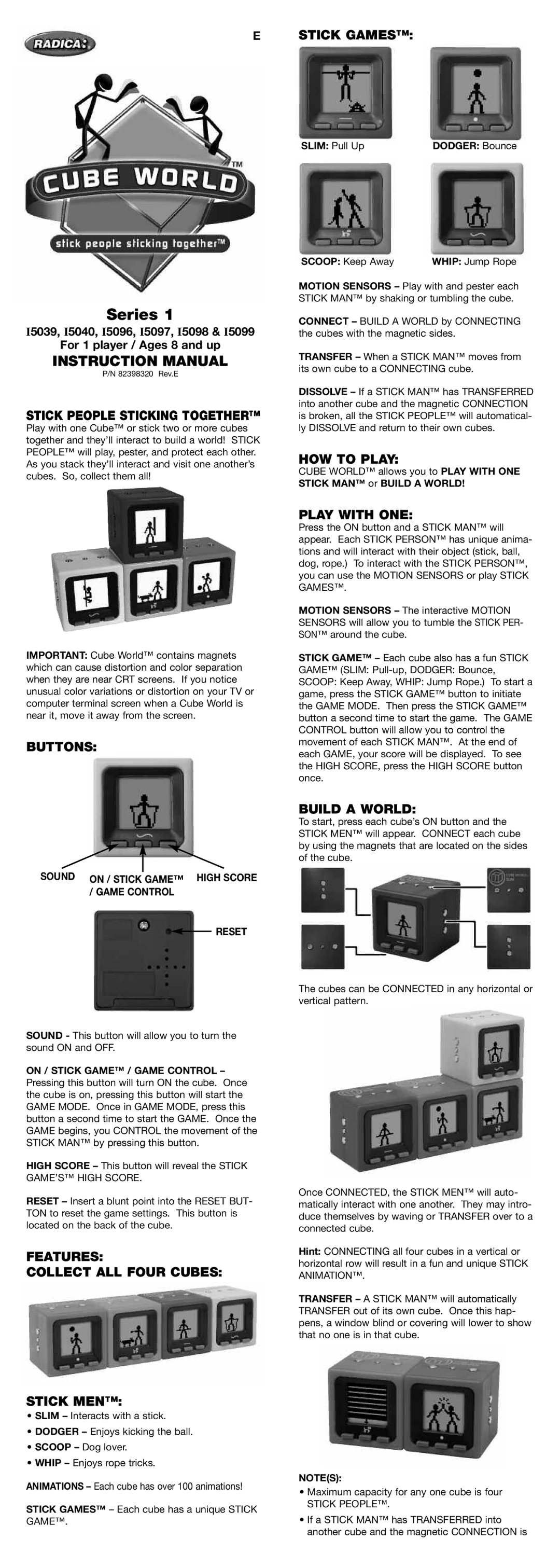 Radica Games I5096 instruction manual Stick People Sticking Together, Buttons, Features Collect ALL Four Cubes Stick MEN 