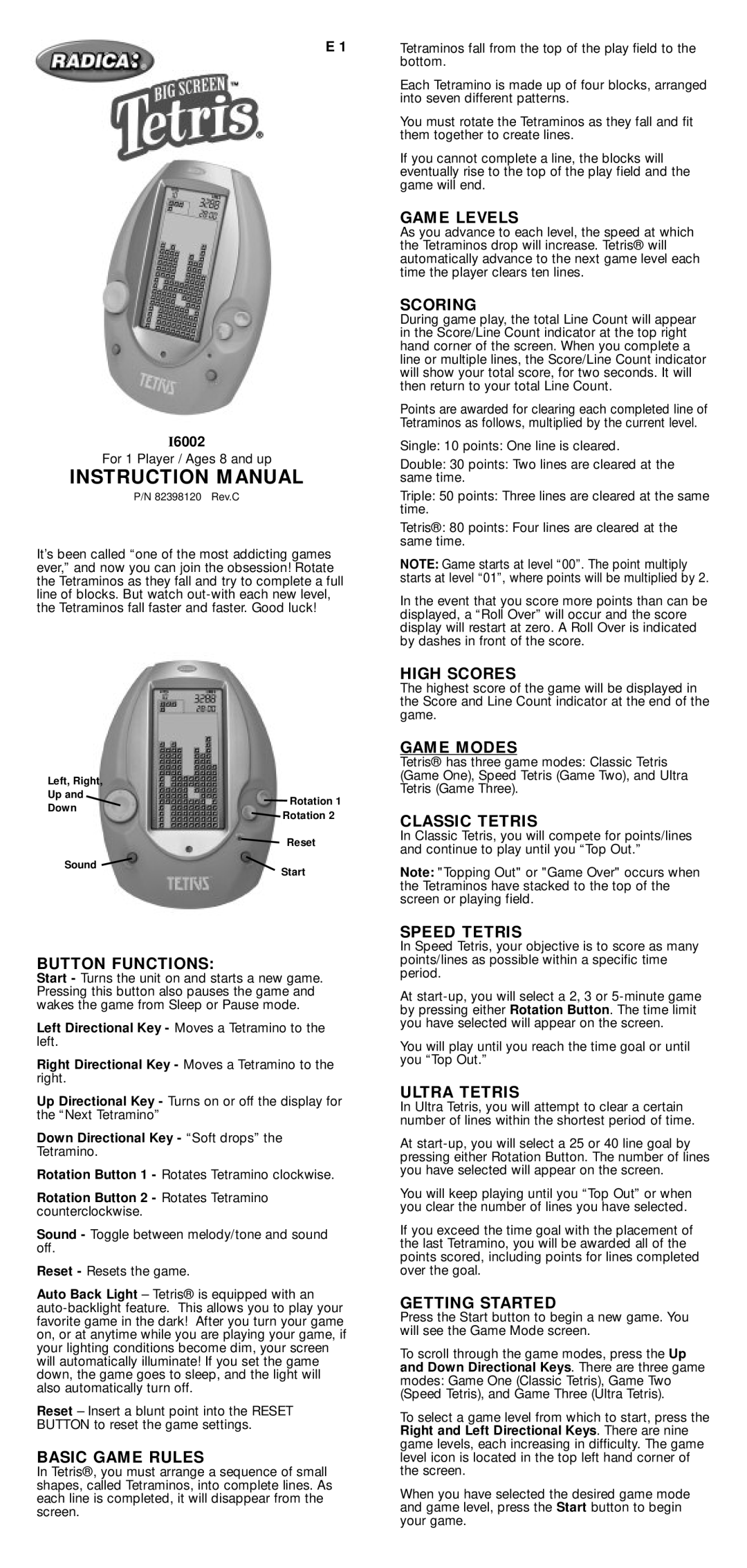 Radica Games I6002 instruction manual Game Levels, Scoring, High Scores, Game Modes, Classic Tetris, Basic Game Rules 