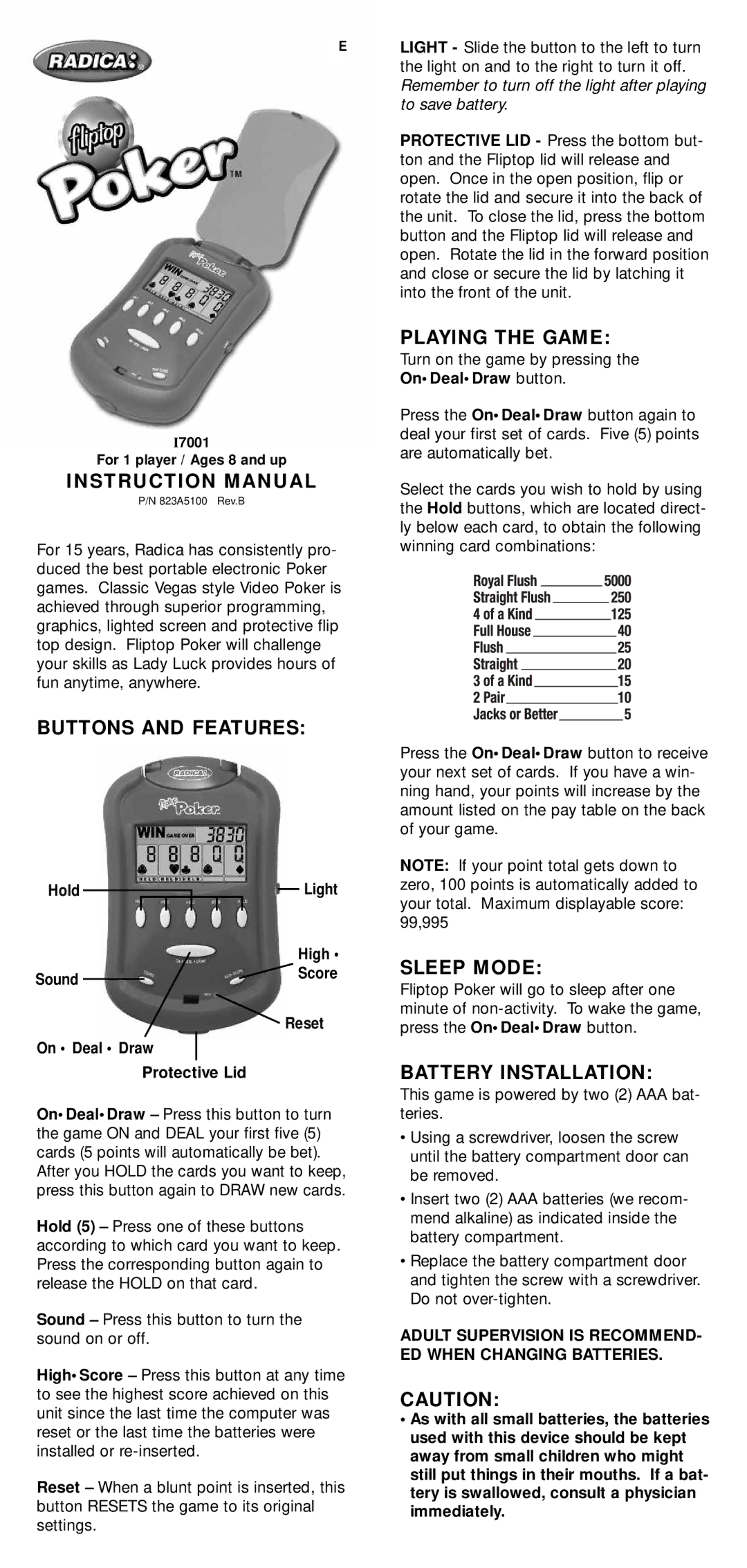 Radica Games I7001 instruction manual Buttons and Features, Playing the Game, Sleep Mode, Battery Installation 