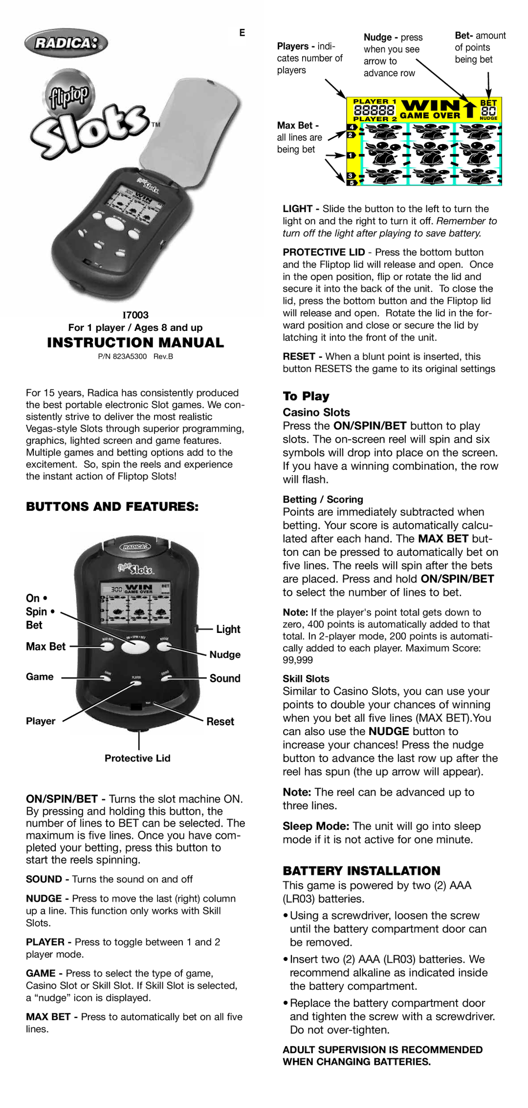 Radica Games i7003 instruction manual Buttons and Features, Battery Installation 