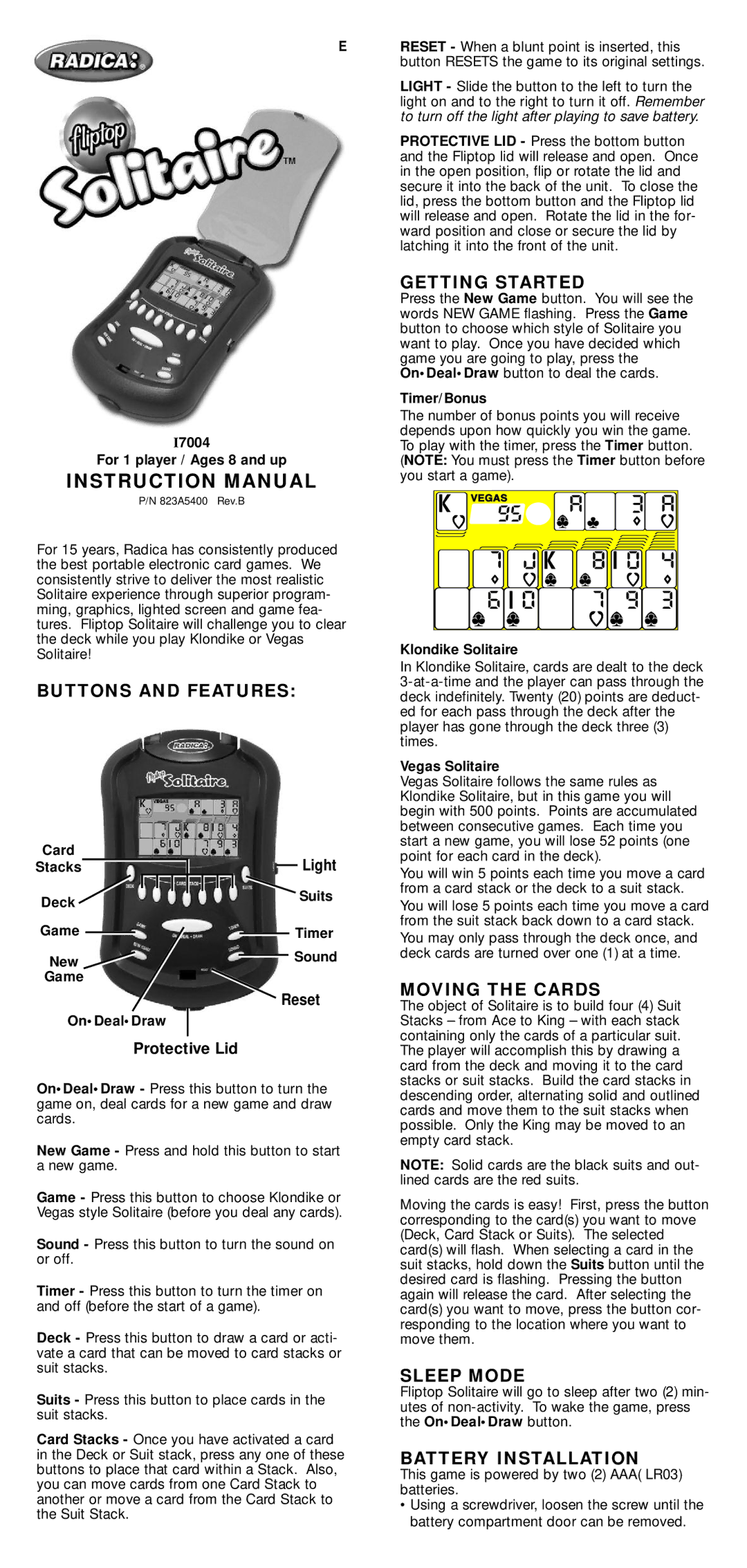 Radica Games i7004 instruction manual Buttons and Features, Getting Started, Moving the Cards, Sleep Mode 