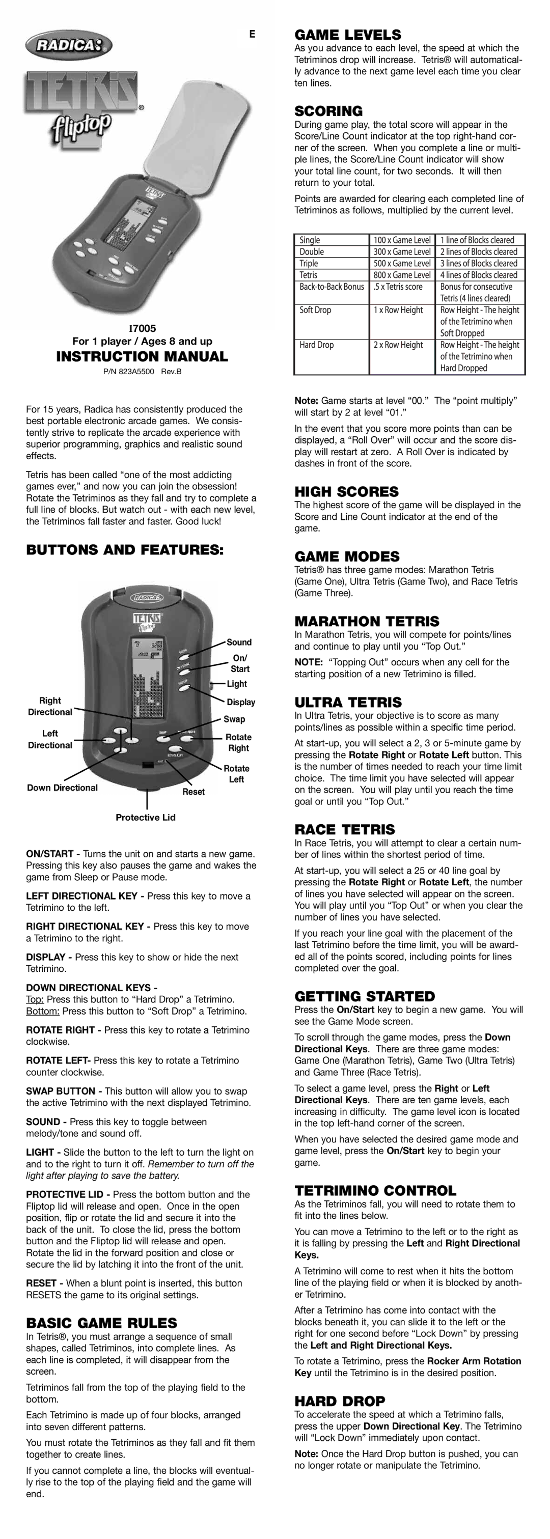 Radica Games I7005 instruction manual Buttons and Features Game Levels, Scoring, High Scores, Game Modes, Marathon Tetris 