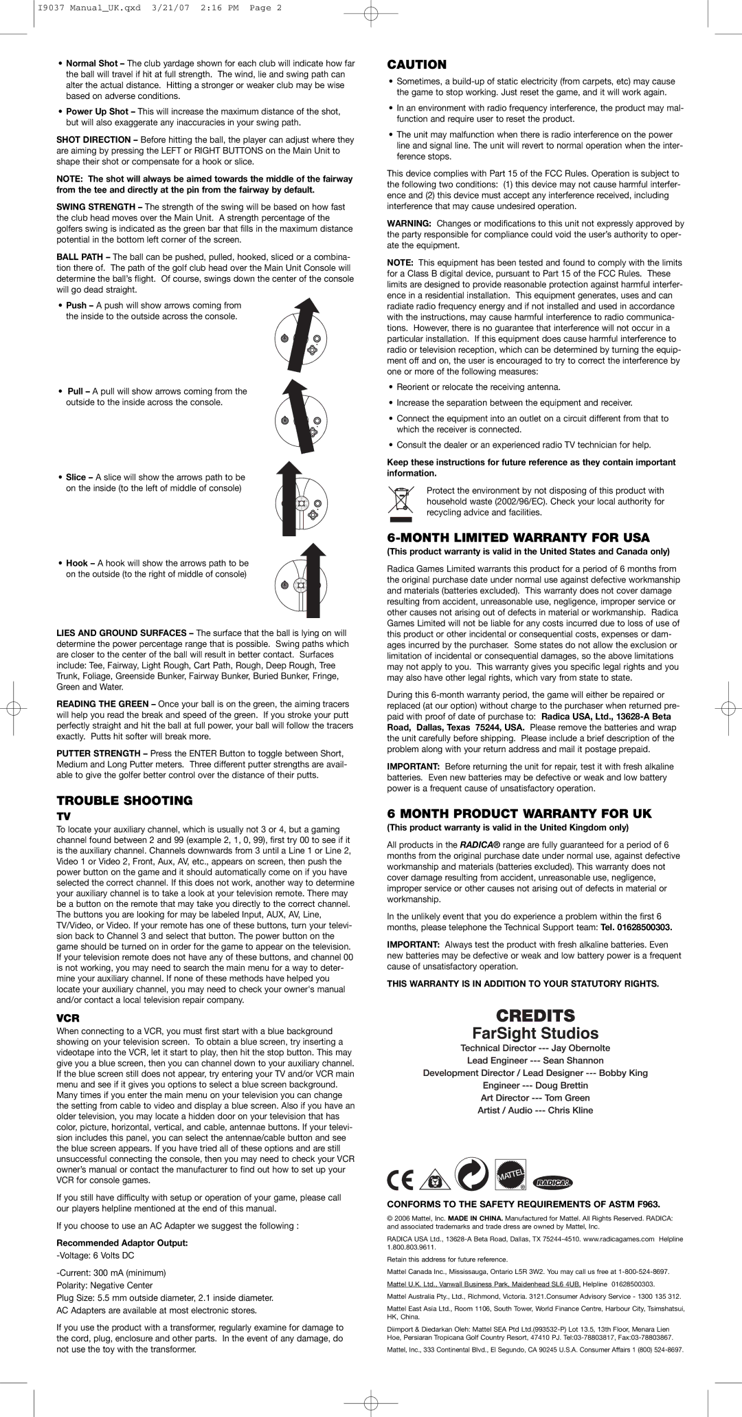 Radica Games I9037 instruction manual Trouble Shooting, Month Limited Warranty for USA, Month Product Warranty for UK, Vcr 