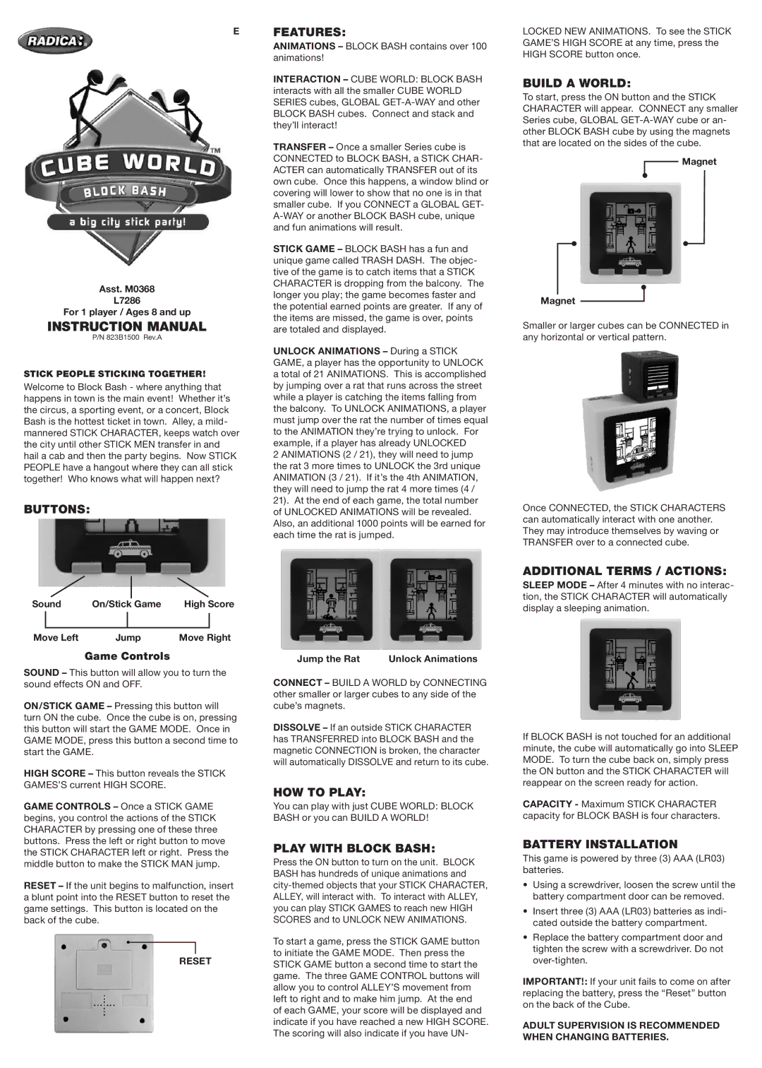 Radica Games L7286 instruction manual Buttons, Features, HOW to Play, Play with Block Bash, Build a World 