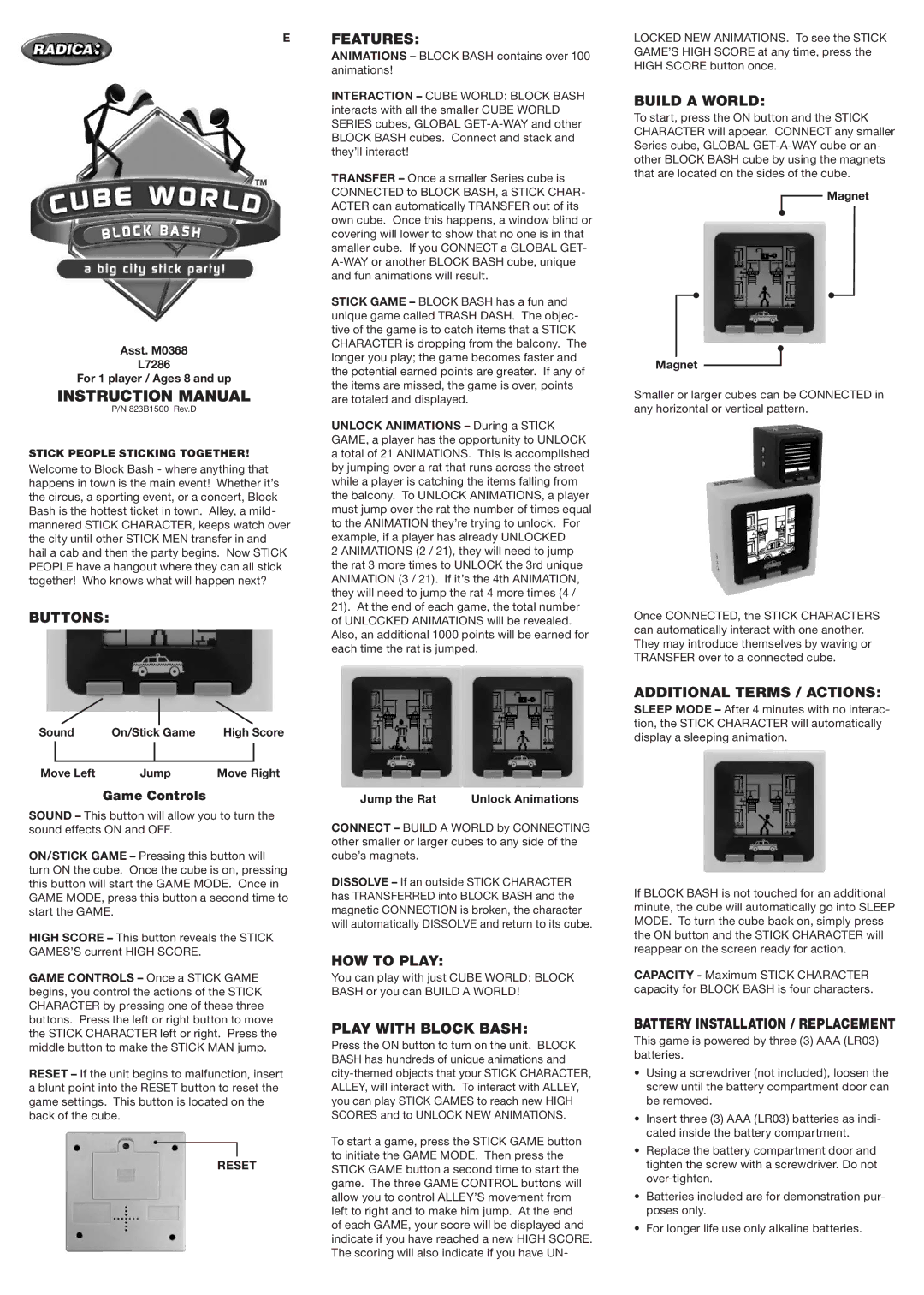 Radica Games L7286 instruction manual Buttons, Features, HOW to Play, Play with Block Bash, Build a World 