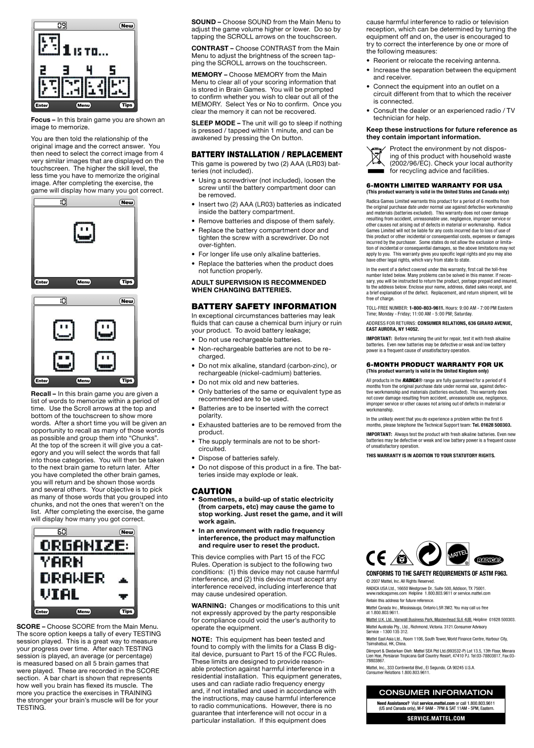 Radica Games L9744 Battery Installation / Replacement, Battery Safety Information, Month Limited Warranty for USA 