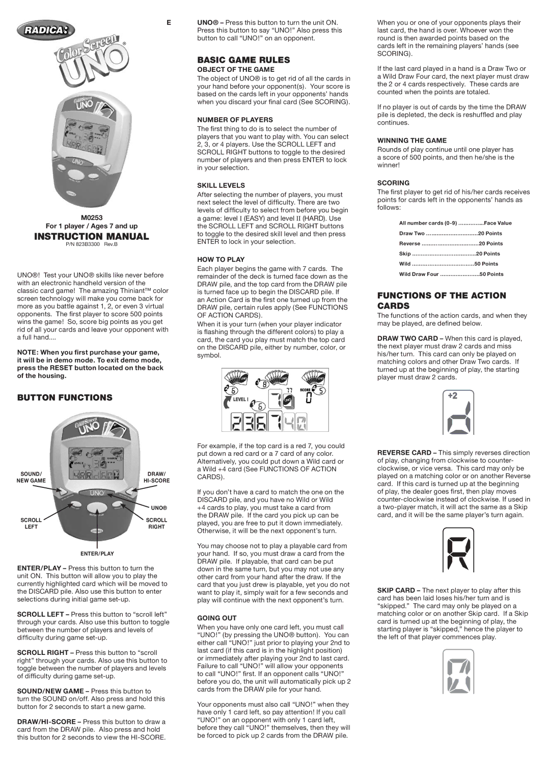 Radica Games M0253 instruction manual Button Functions, Basic Game Rules, Functions of the Action Cards 