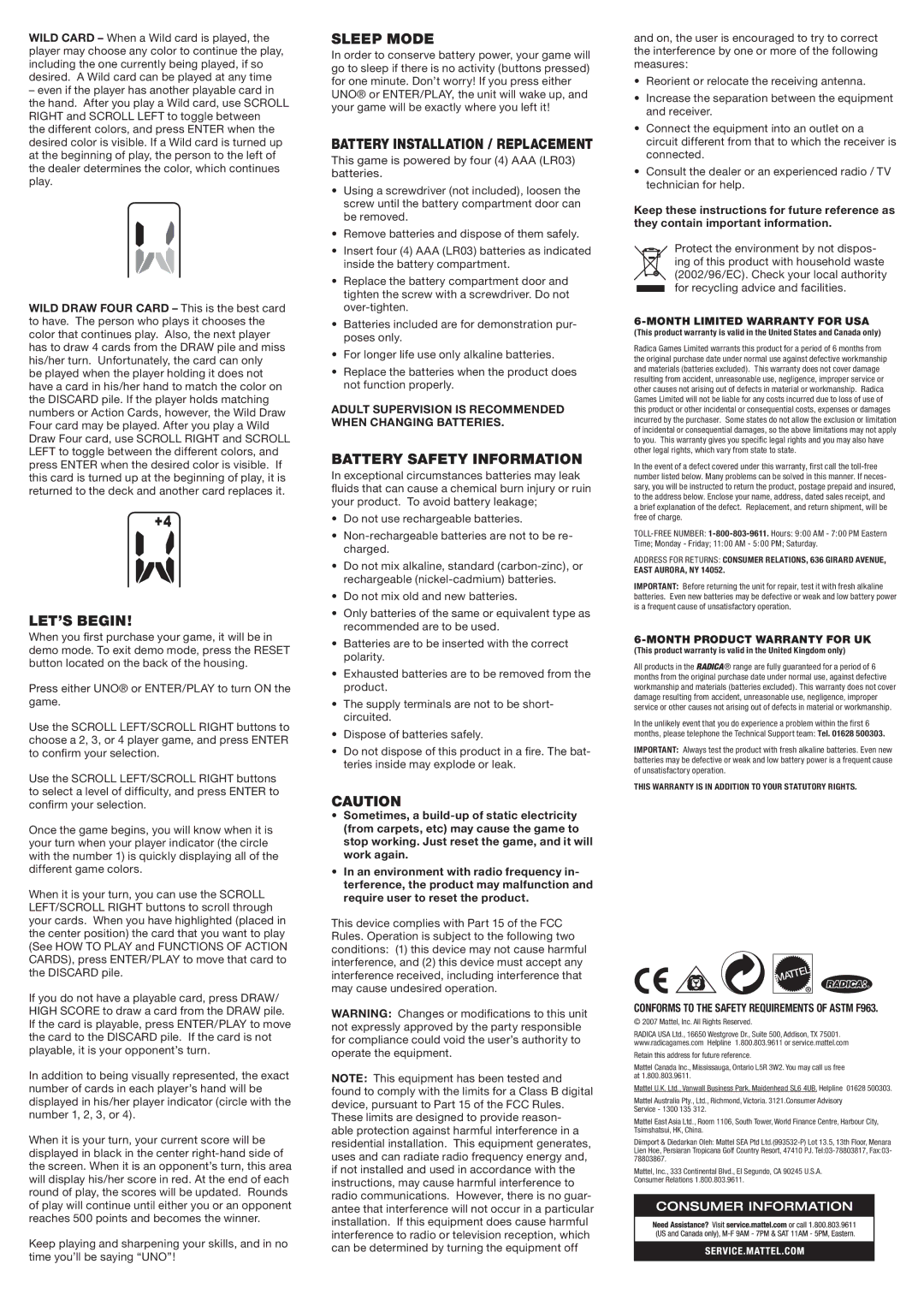 Radica Games M0253 LET’S Begin, Sleep Mode, Battery Installation / Replacement, Battery Safety Information 