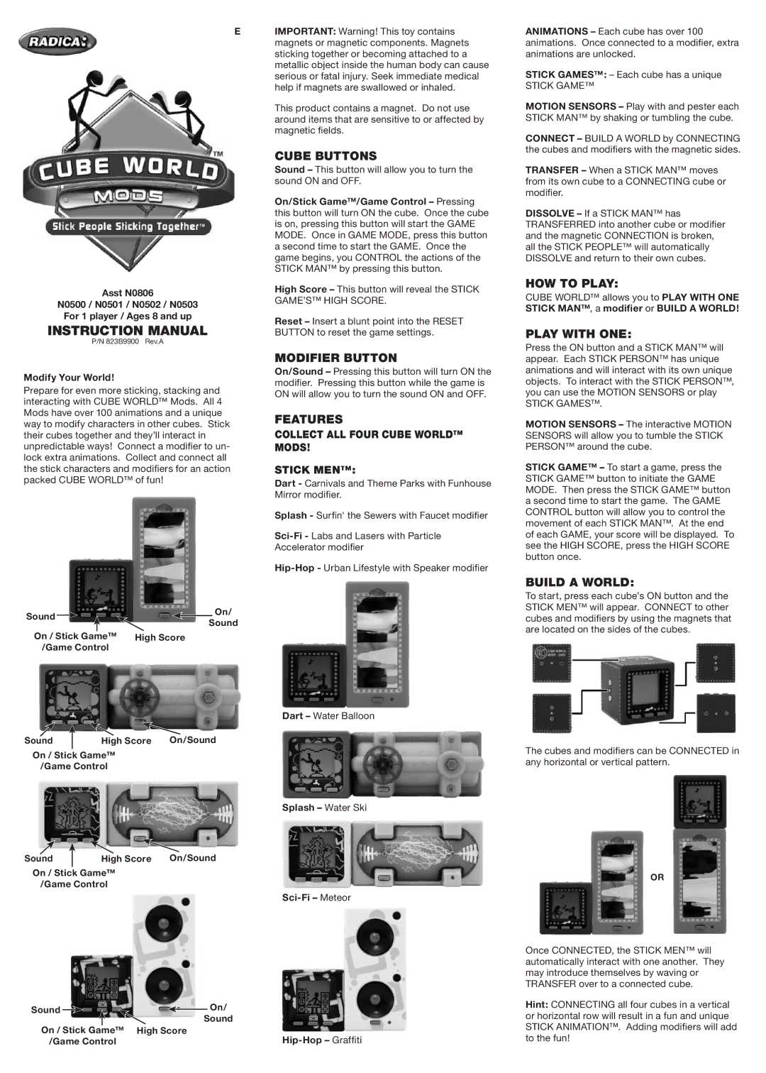 Radica Games N0502 instruction manual Cube Buttons, Modifier Button, Features, HOW to Play, Play with ONE, Build a World 