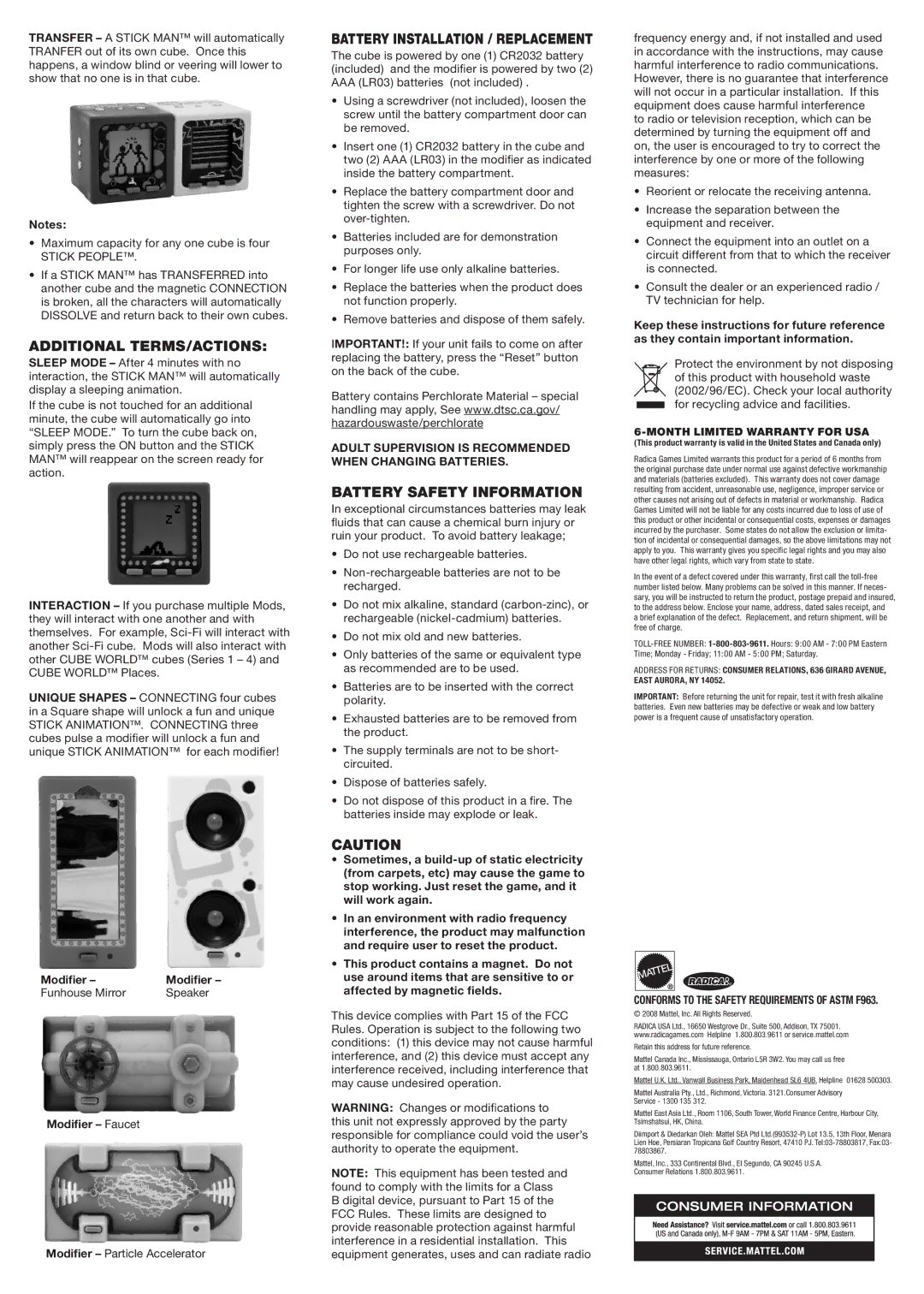 Radica Games N0501 Additional TERMS/ACTIONS, Battery Installation / Replacement, Battery Safety Information, Modifier 