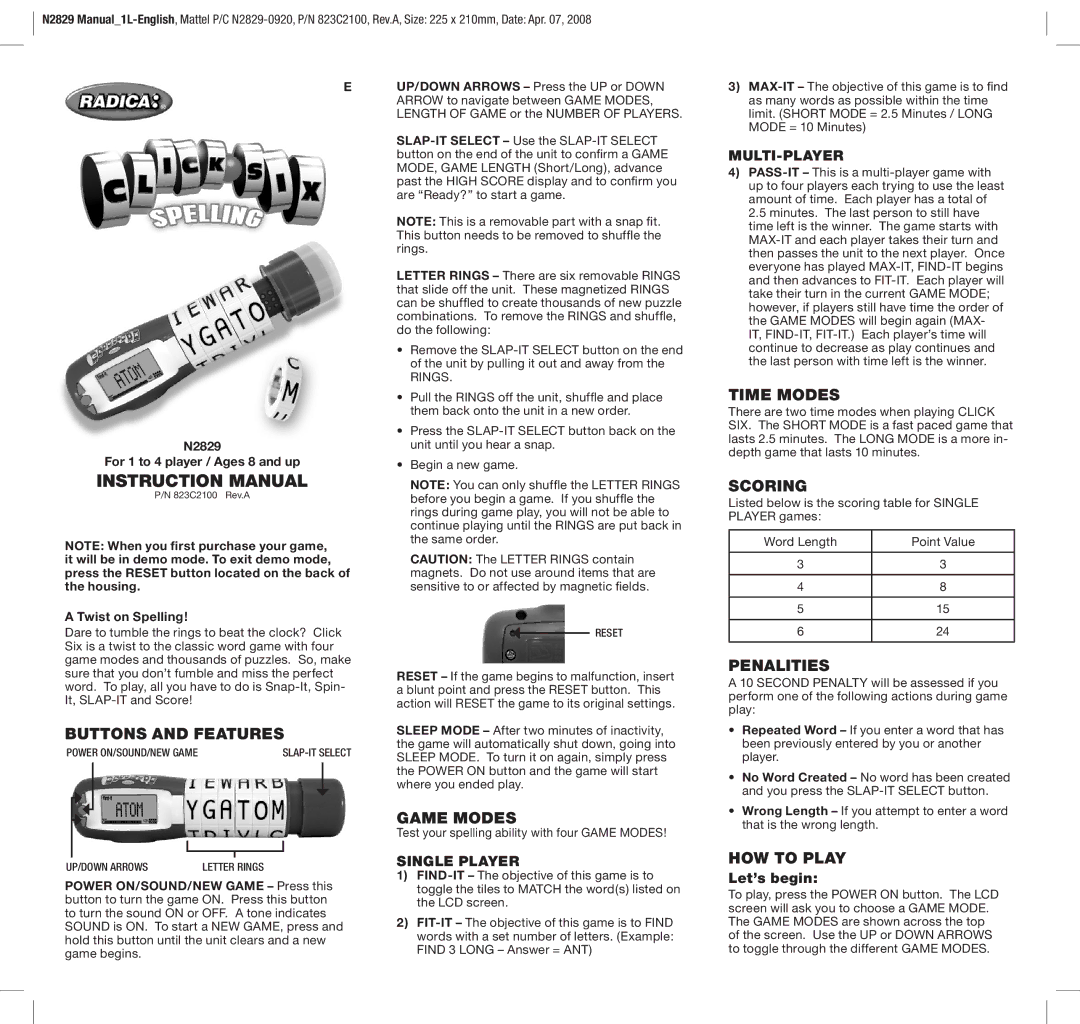 Radica Games N2829 instruction manual Buttons and Features, Game Modes, Time Modes, Scoring, Penalities, HOW to Play 