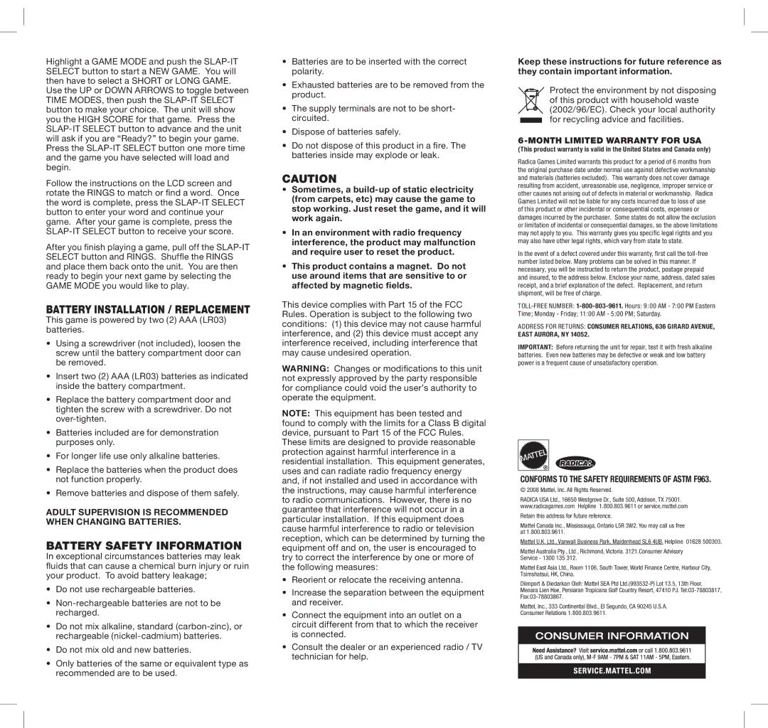 Radica Games N2829 instruction manual Battery Installation / Replacement, Battery Safety Information 