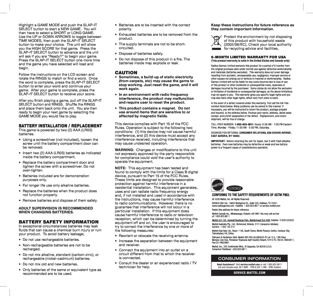 Radica Games N2829 instruction manual Battery Installation / Replacement, Battery Safety Information 