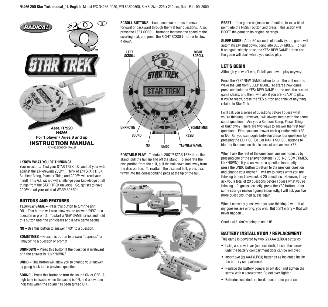 Radica Games N4266 instruction manual LET’S Begin, Buttons and Features, Battery Installation / Replacement 