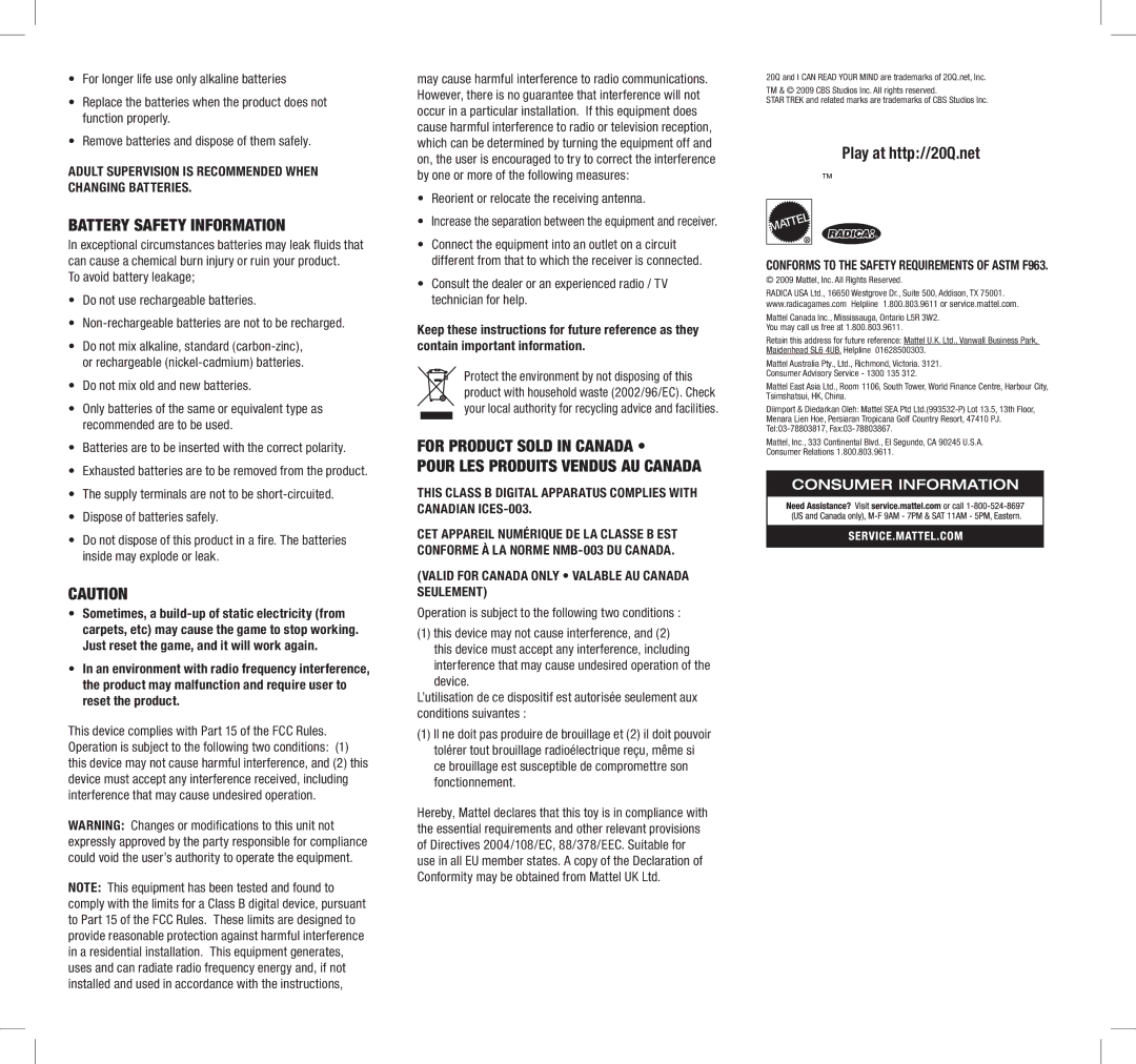 Radica Games N4266 instruction manual Battery Safety Information, Reorient or relocate the receiving antenna 