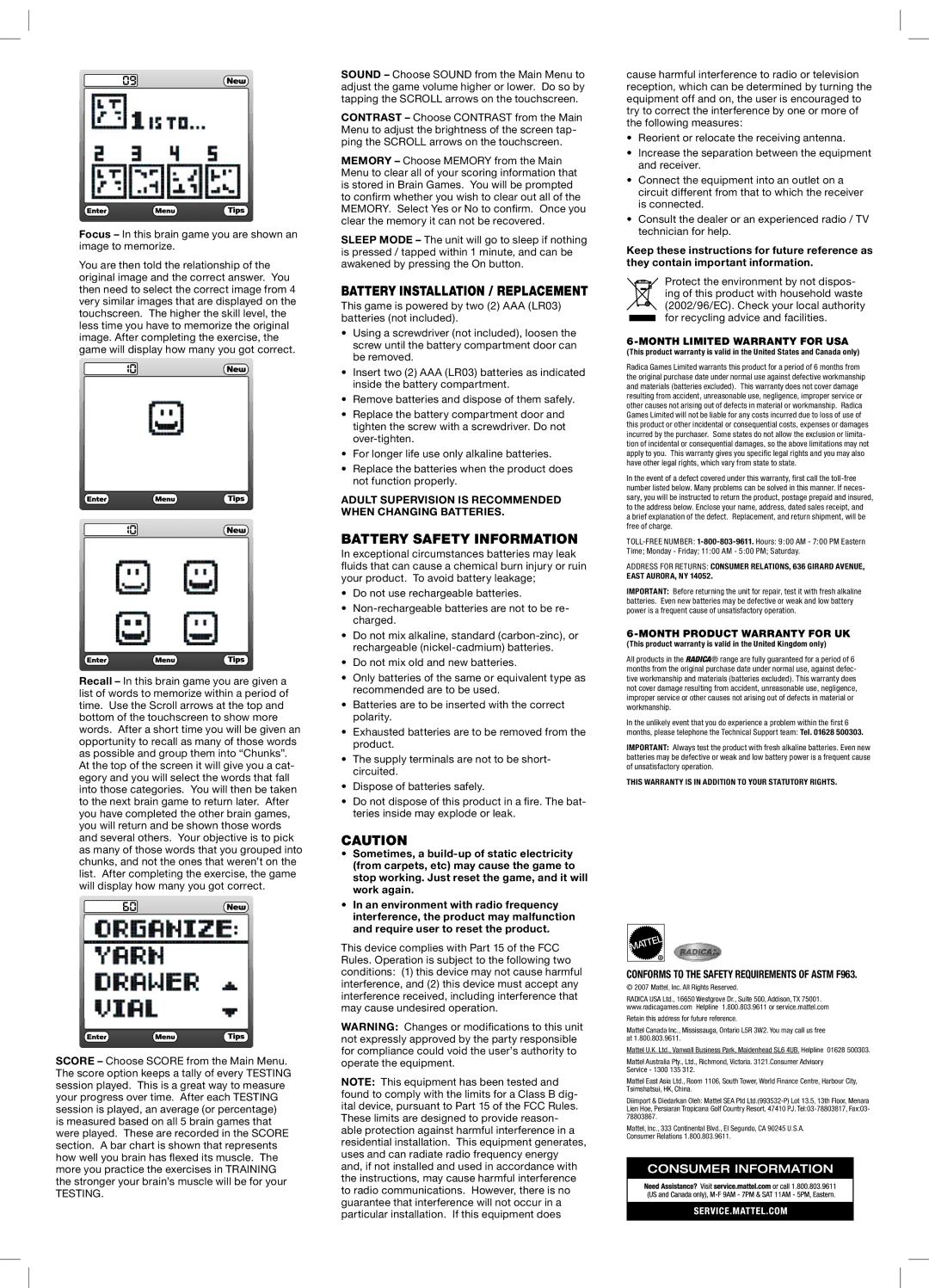 Radica Games N5454 Battery Installation / Replacement, Battery Safety Information, Month Limited Warranty for USA 